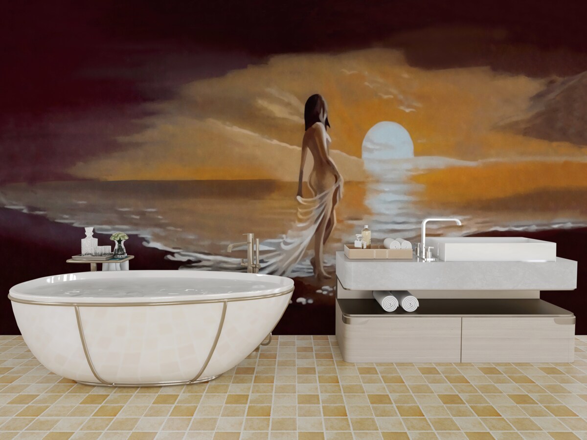 Фотошпалери дівчина спостерігає за заходом сонця над берегом моря