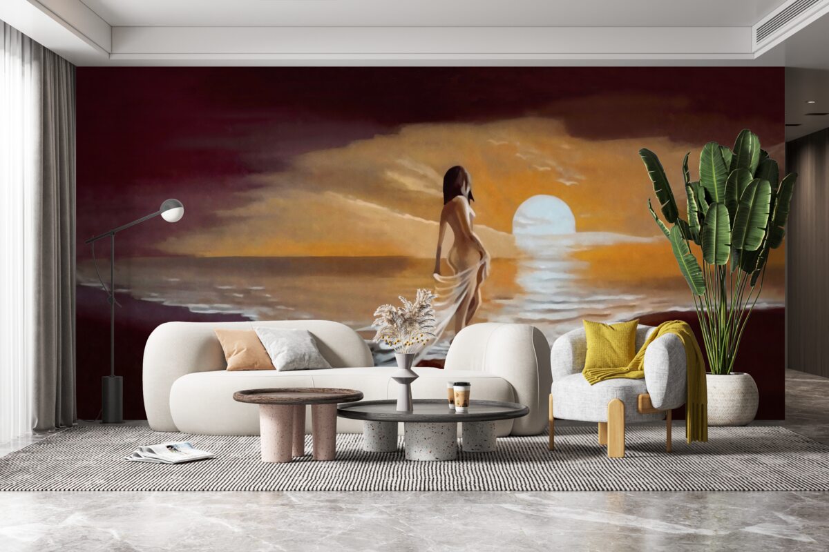 Фотошпалери дівчина спостерігає за заходом сонця над берегом моря