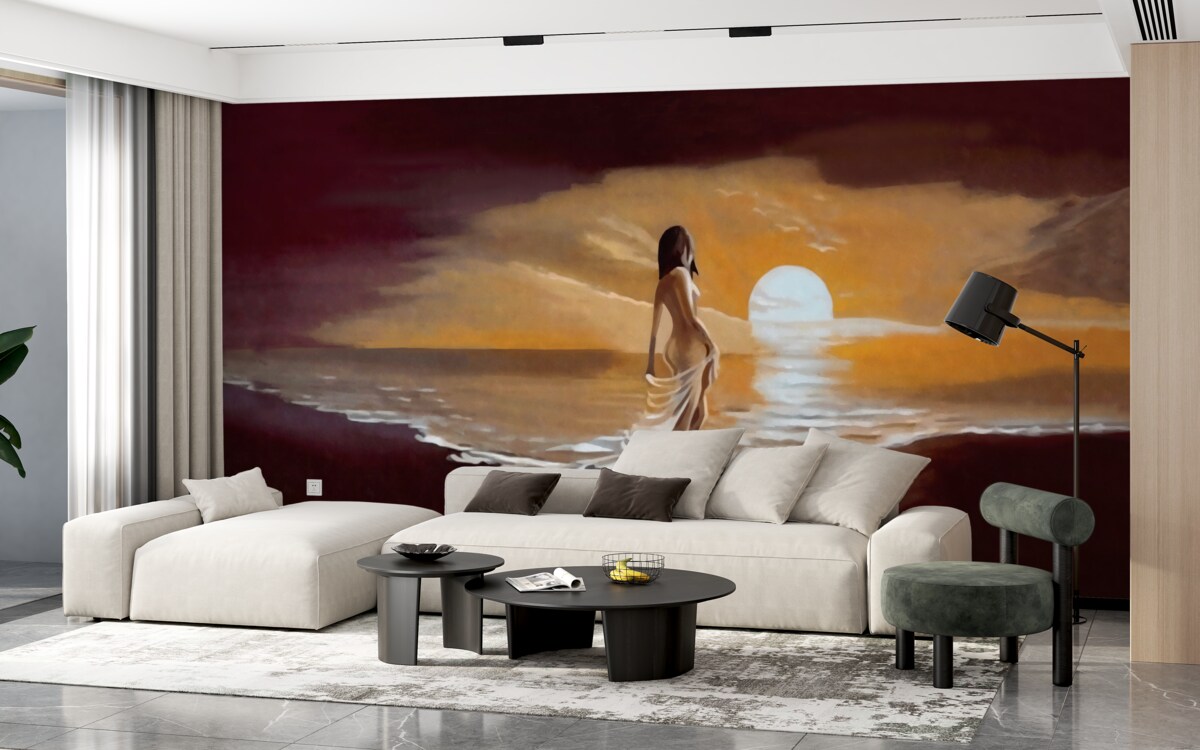 Фотошпалери дівчина спостерігає за заходом сонця над берегом моря