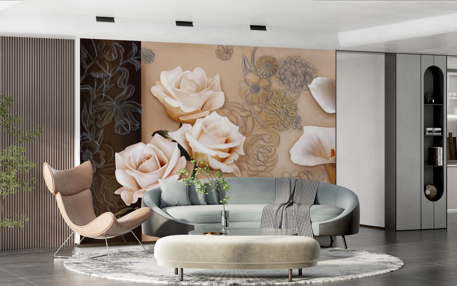 Фотошпалери тюльпани, кали та троянди в бежевому кольорі