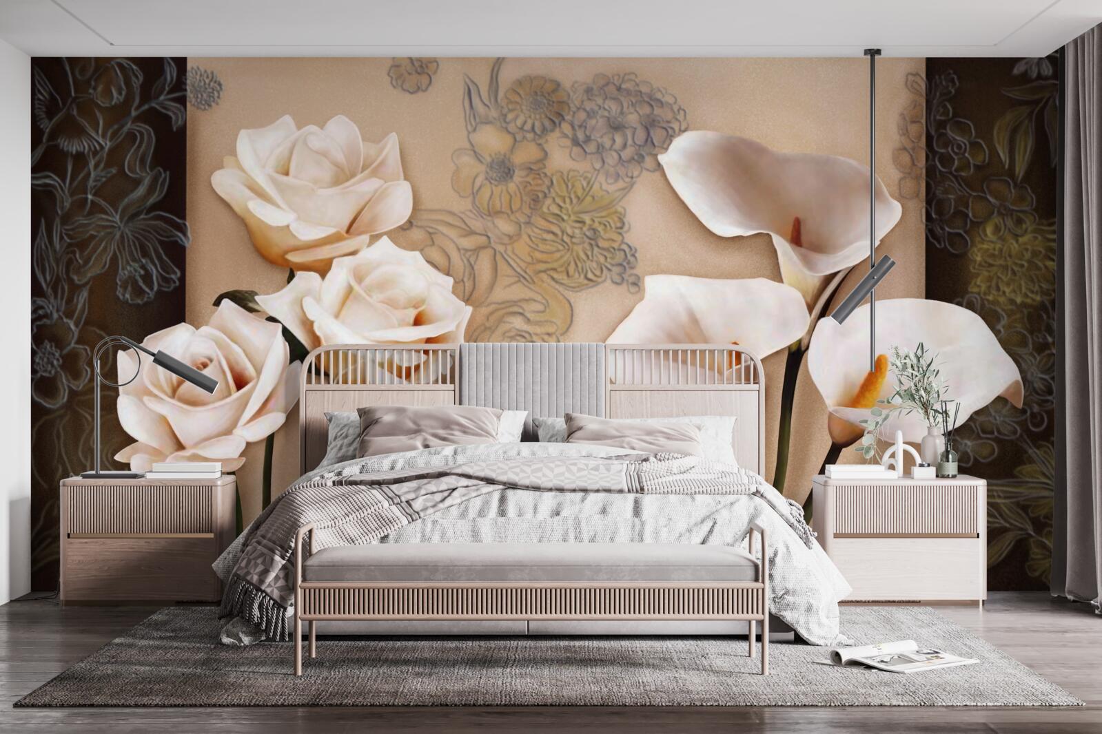 Фотошпалери тюльпани, кали та троянди в бежевому кольорі