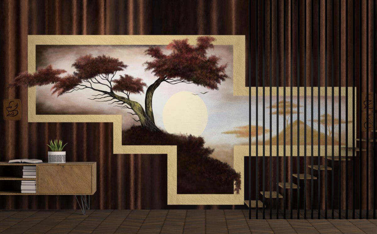 Фотошпалери схід сонця над старим бонсаєм