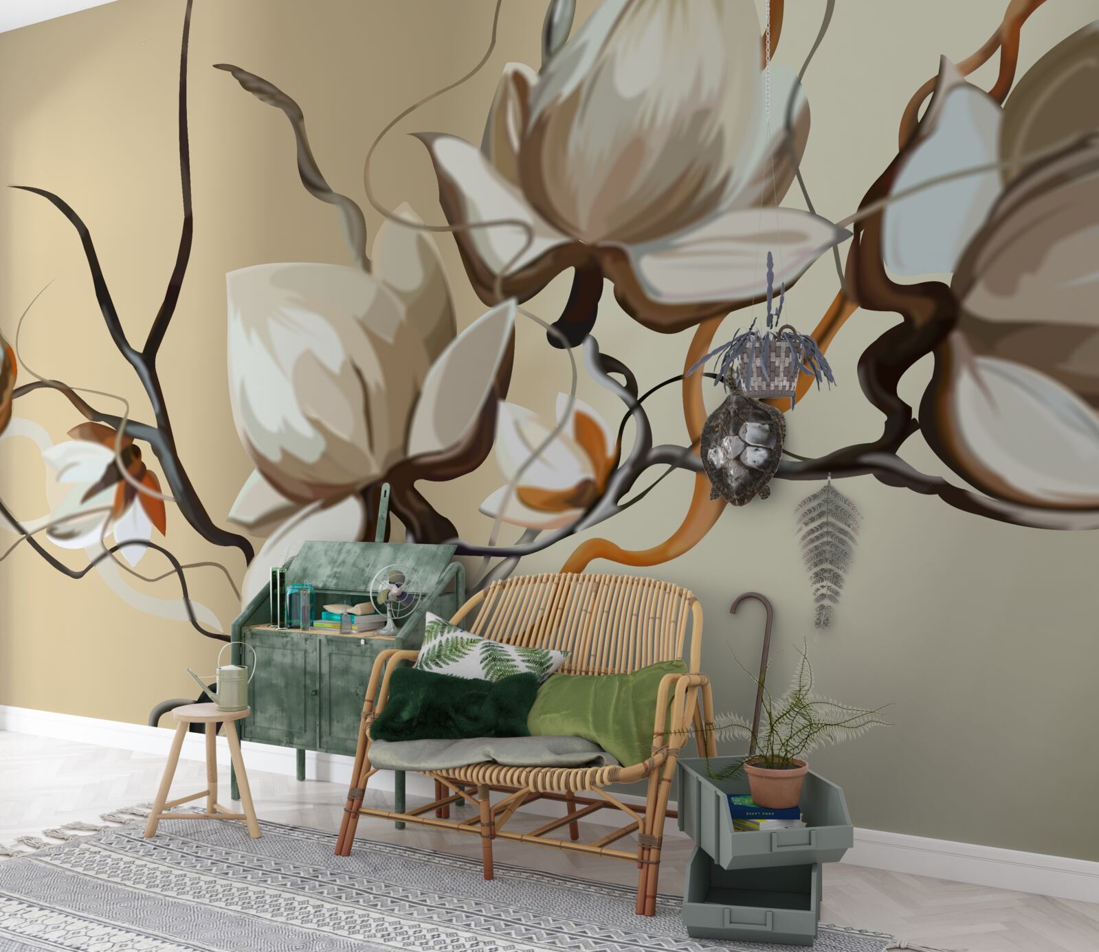 Фотошпалери гілки магнолії, що цвітуть білим кольором