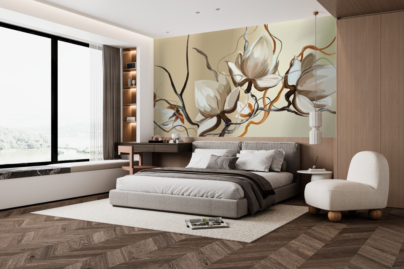 Фотошпалери гілки магнолії, що цвітуть білим кольором