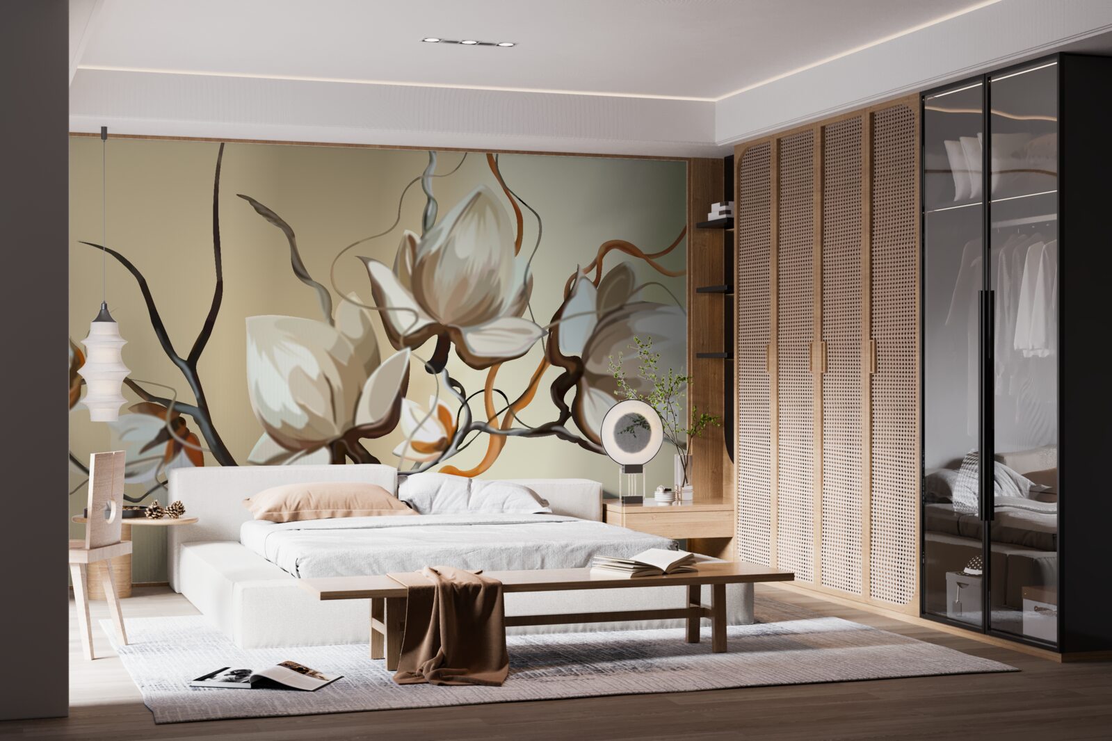 Фотошпалери гілки магнолії, що цвітуть білим кольором