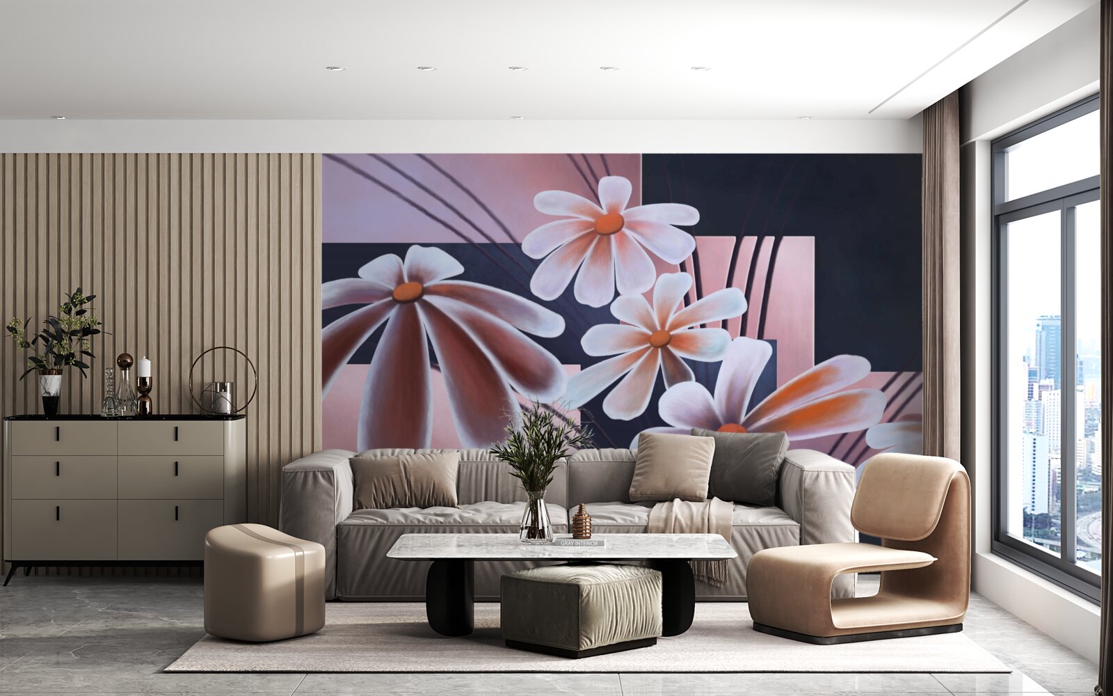 Фотошпалери п'ять білих ромашок на полотні