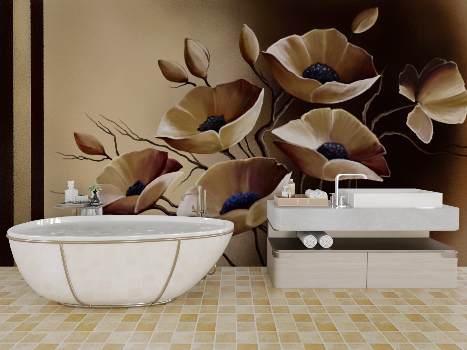 Фотошпалери бежеві маки в абстрактному стилі