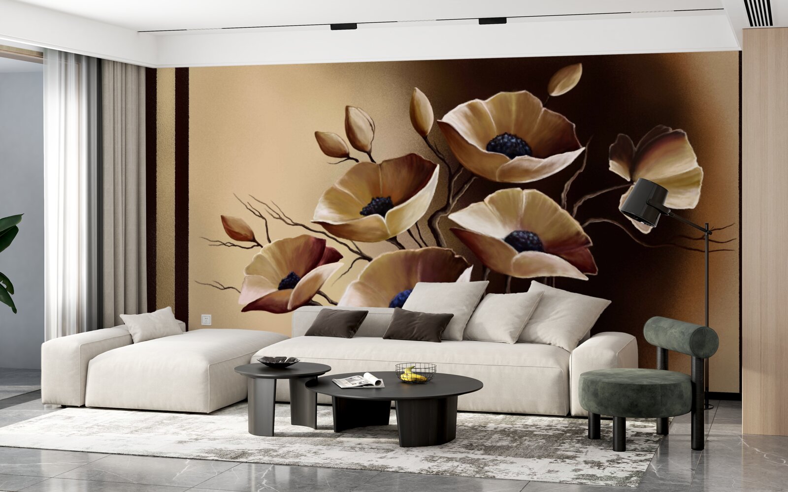 Фотошпалери бежеві маки в абстрактному стилі