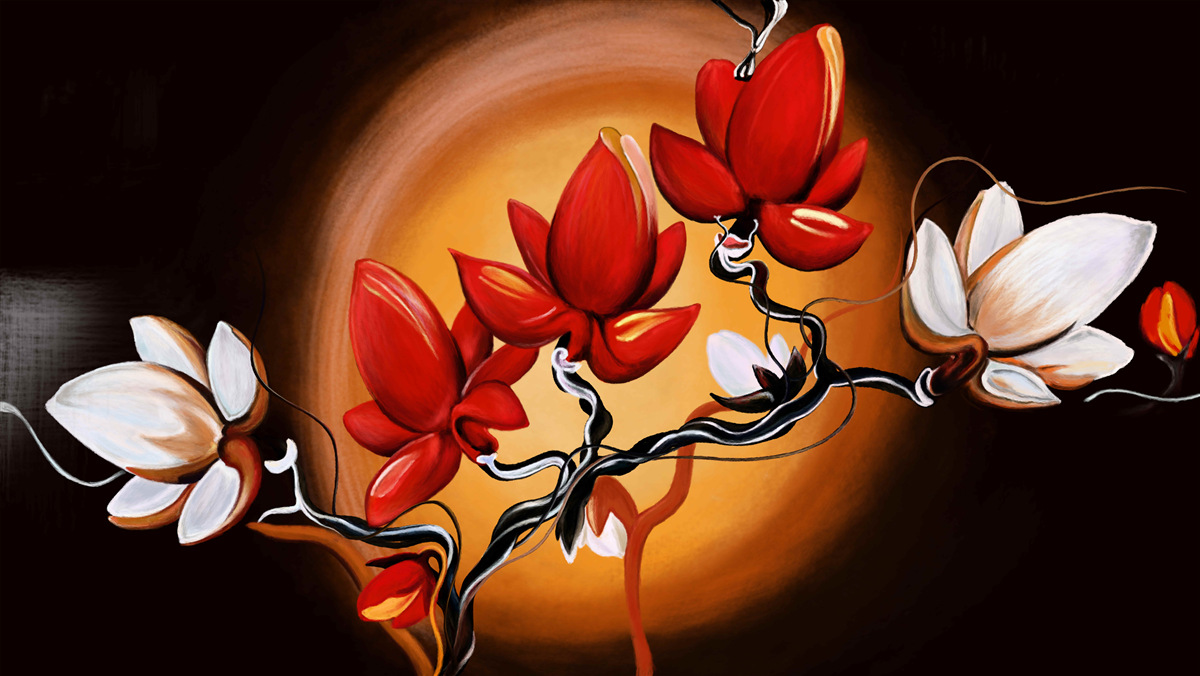 Фотошпалери стовбур магнолії, пофарбований у відтінки білого та червоного