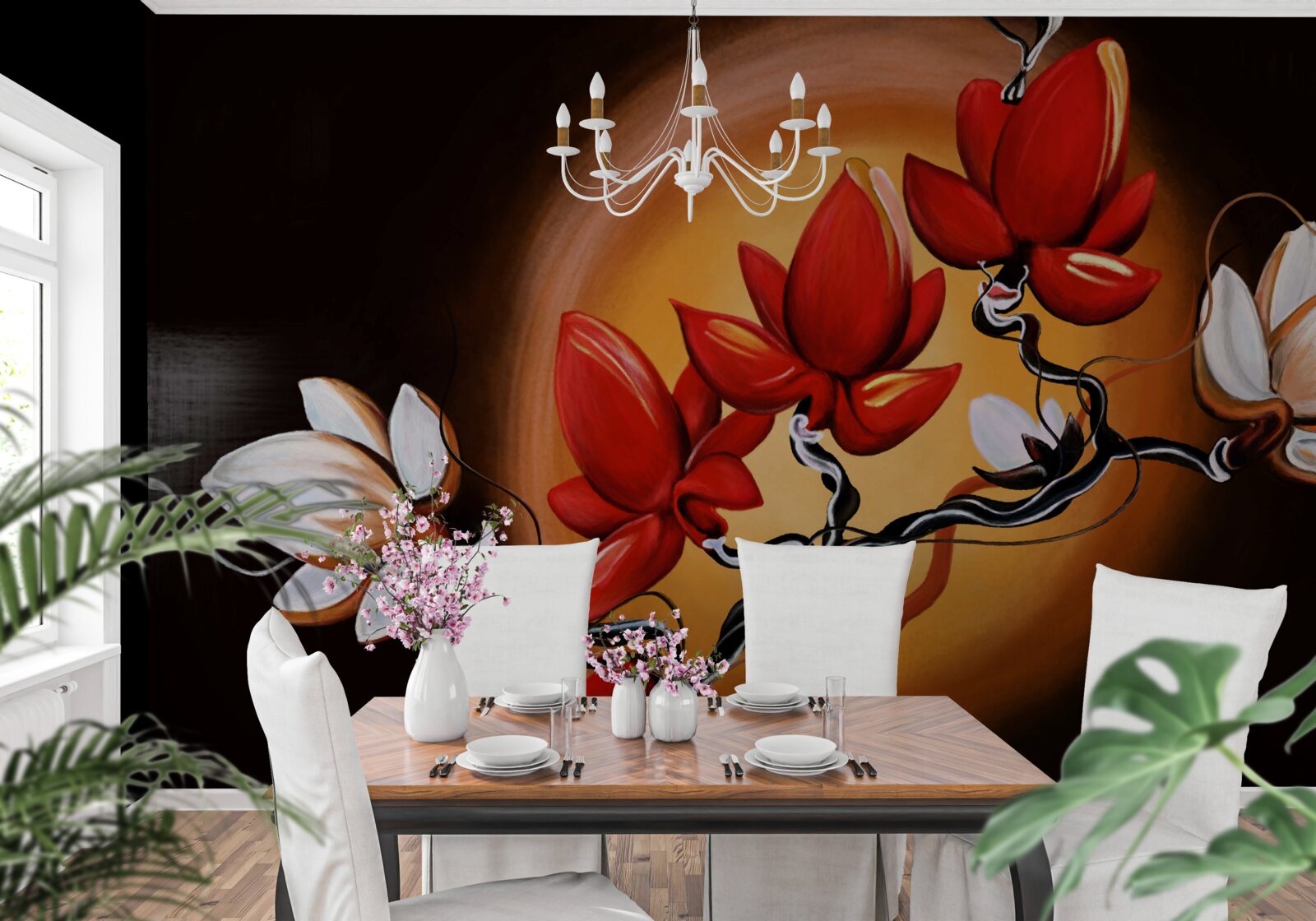 Фотошпалери стовбур магнолії, пофарбований у відтінки білого та червоного