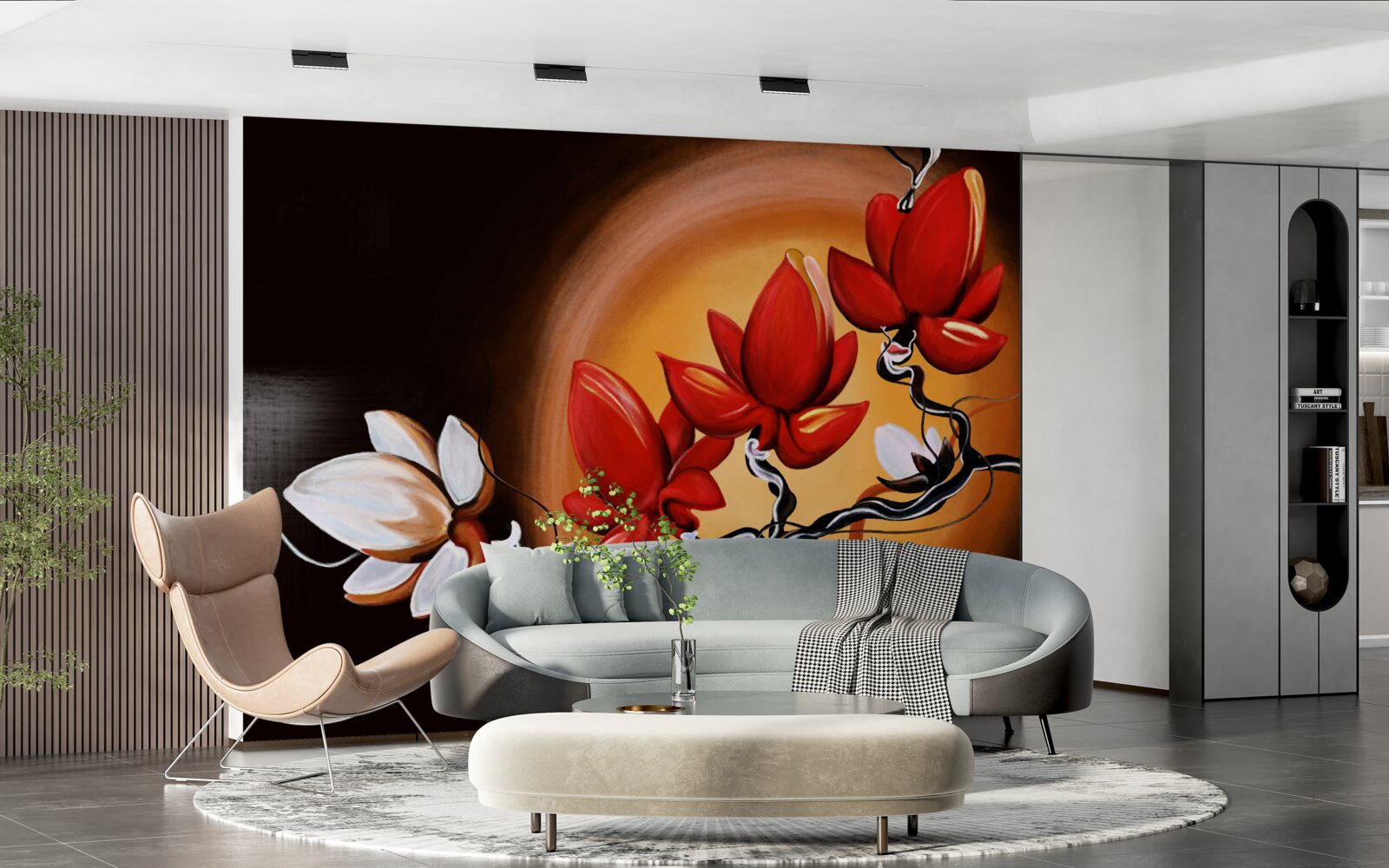 Фотошпалери стовбур магнолії, пофарбований у відтінки білого та червоного