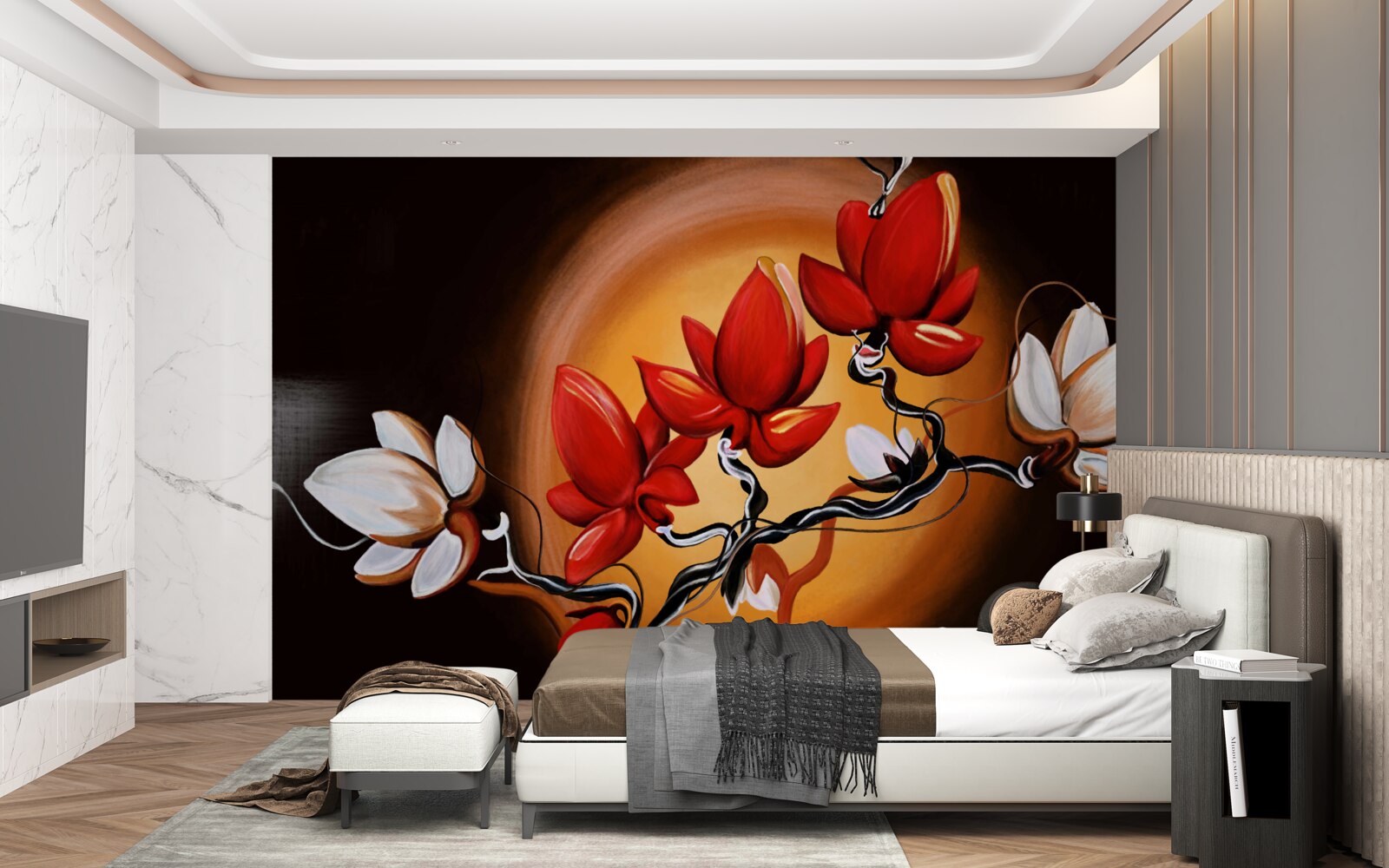 Фотошпалери стовбур магнолії, пофарбований у відтінки білого та червоного