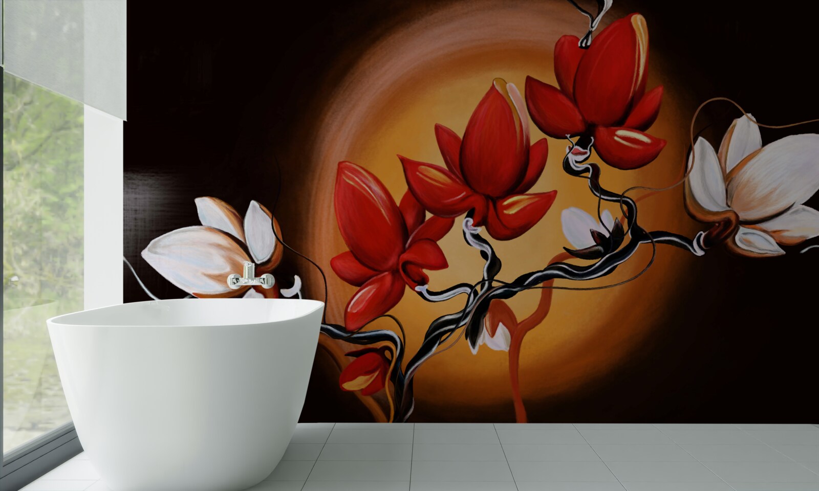 Фотошпалери стовбур магнолії, пофарбований у відтінки білого та червоного