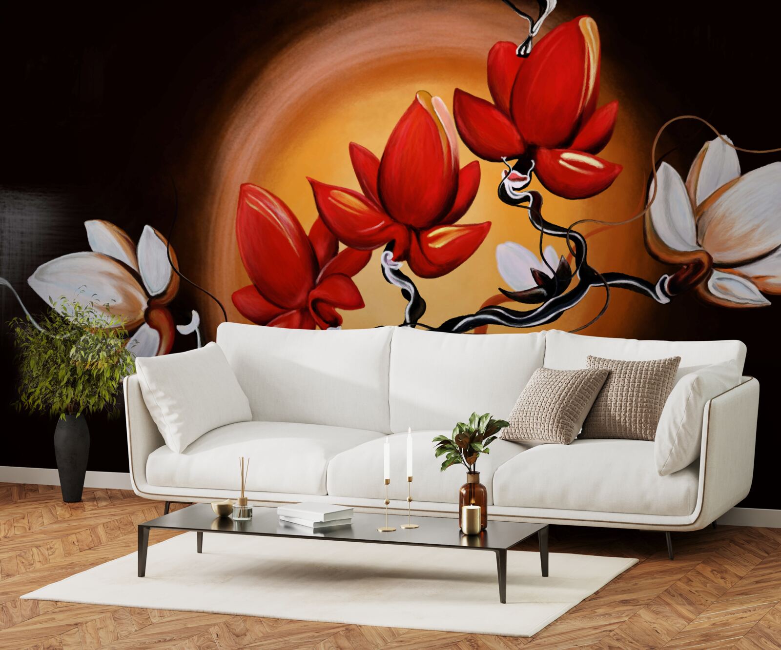 Фотошпалери стовбур магнолії, пофарбований у відтінки білого та червоного