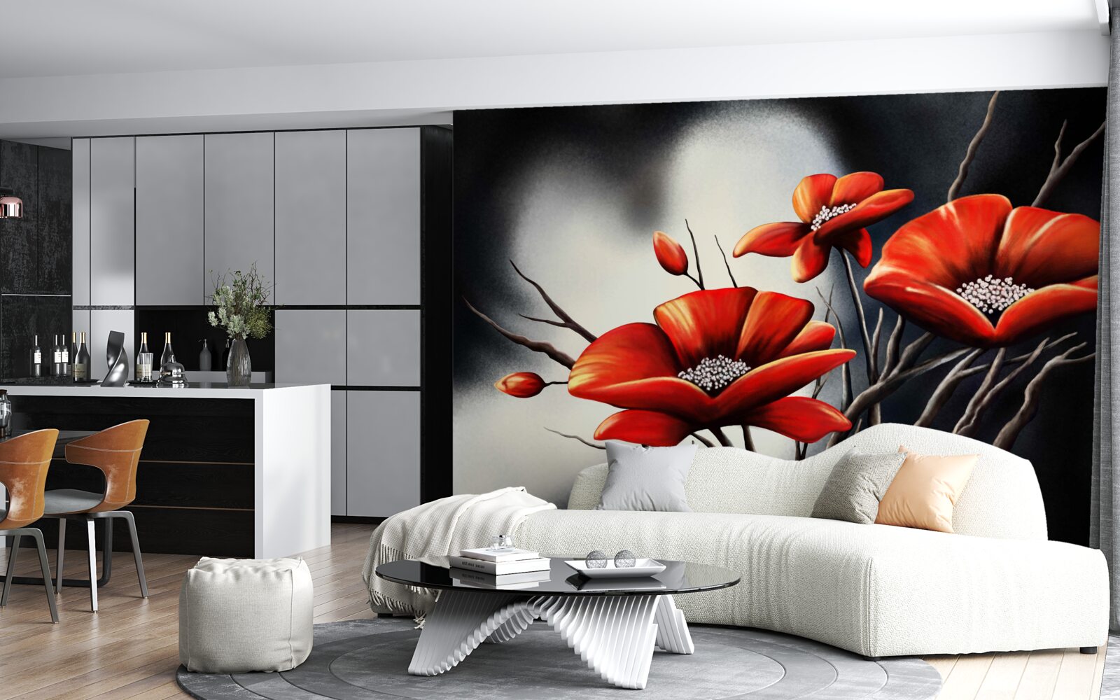 Фотошпалери чорний фон, прикрашений червоними маками