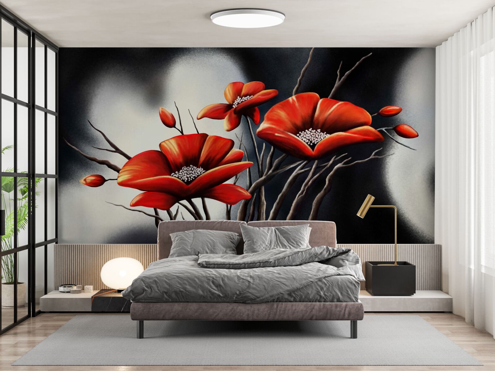 Фотошпалери чорний фон, прикрашений червоними маками