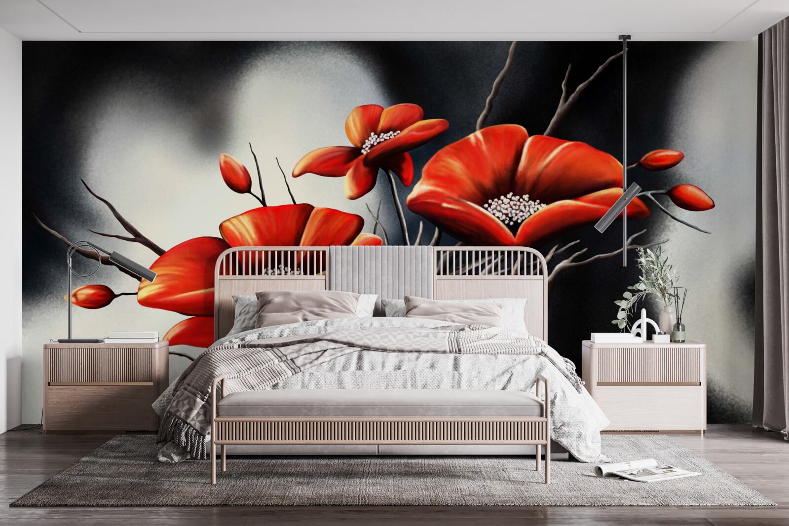 Фотошпалери чорний фон, прикрашений червоними маками