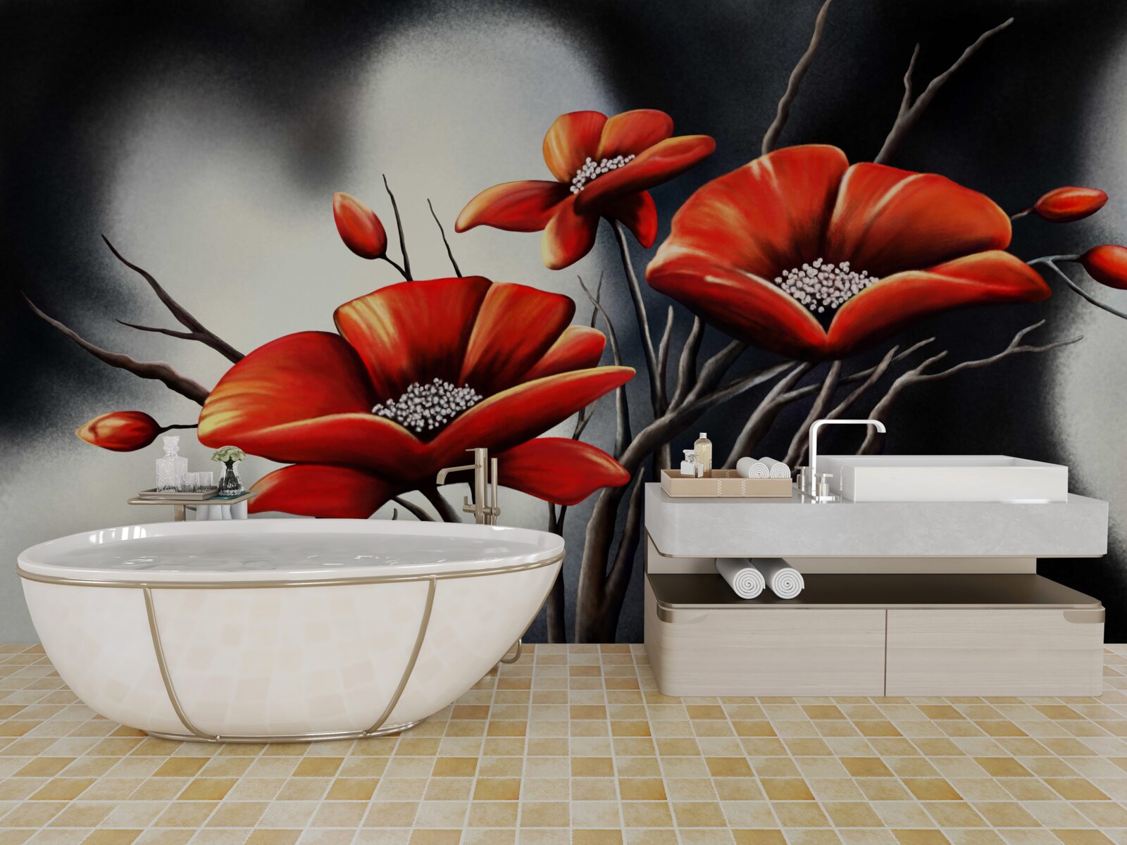 Фотошпалери чорний фон, прикрашений червоними маками