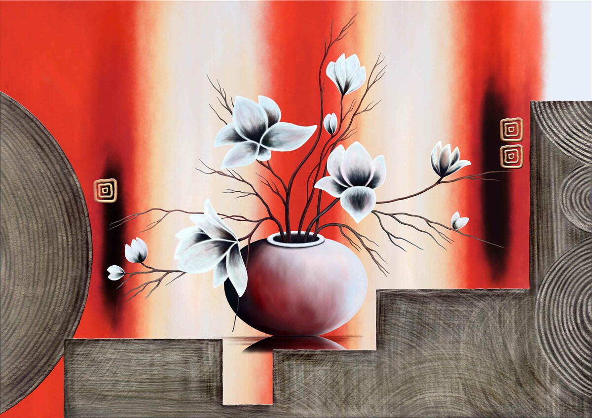 Фотошпалери червона ваза з ніжними білими квітами