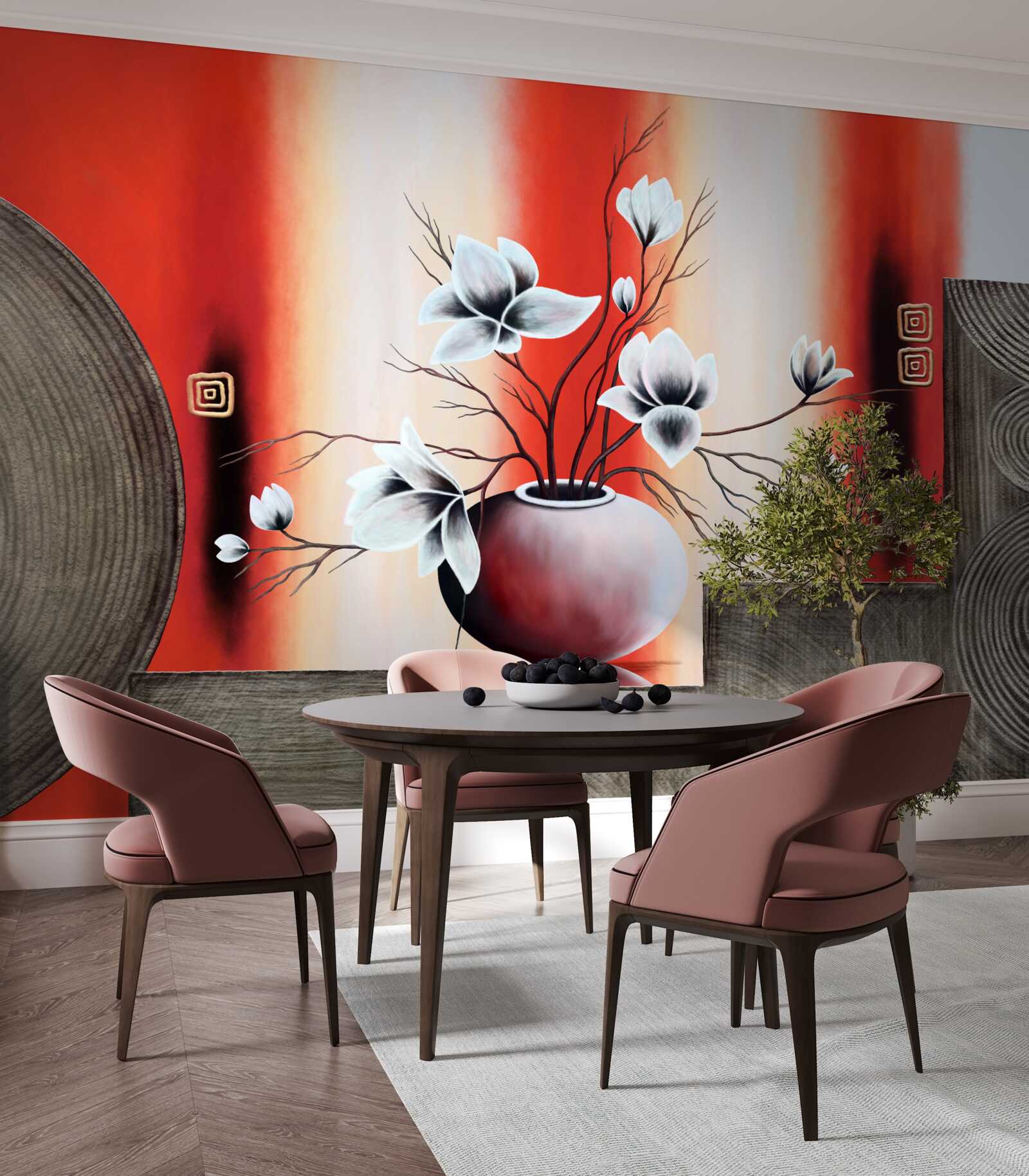 Фотошпалери червона ваза з ніжними білими квітами