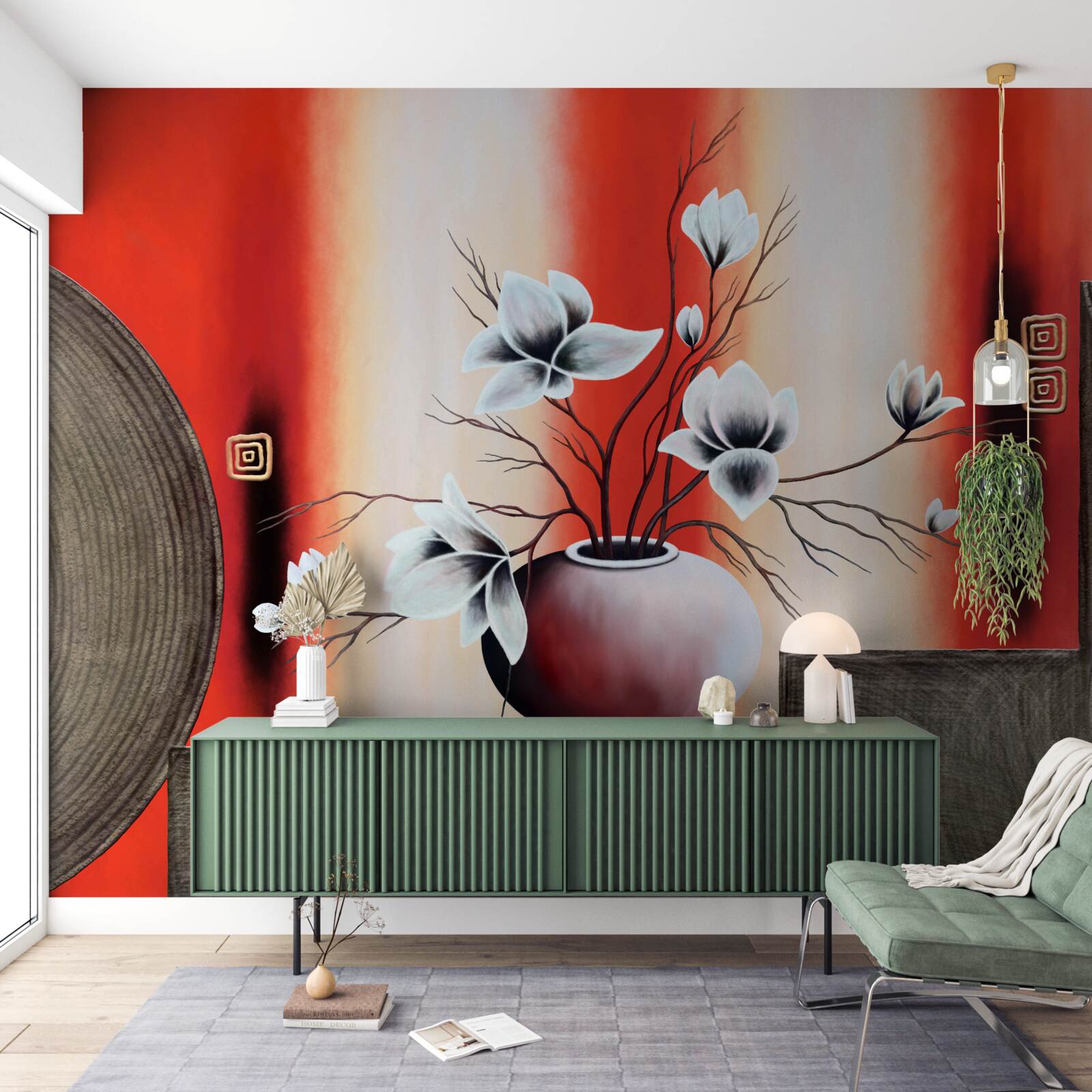 Фотошпалери червона ваза з ніжними білими квітами