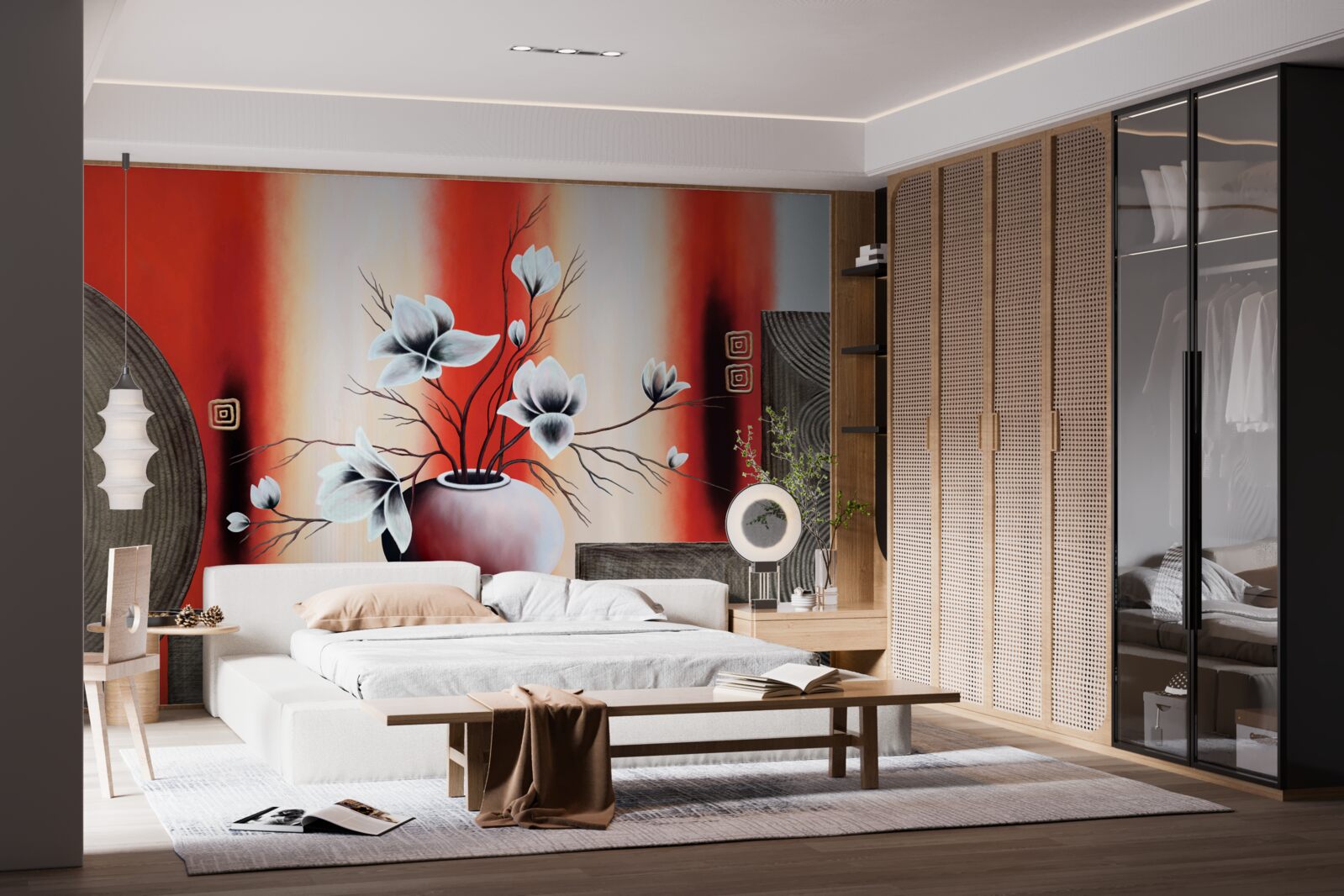 Фотошпалери червона ваза з ніжними білими квітами