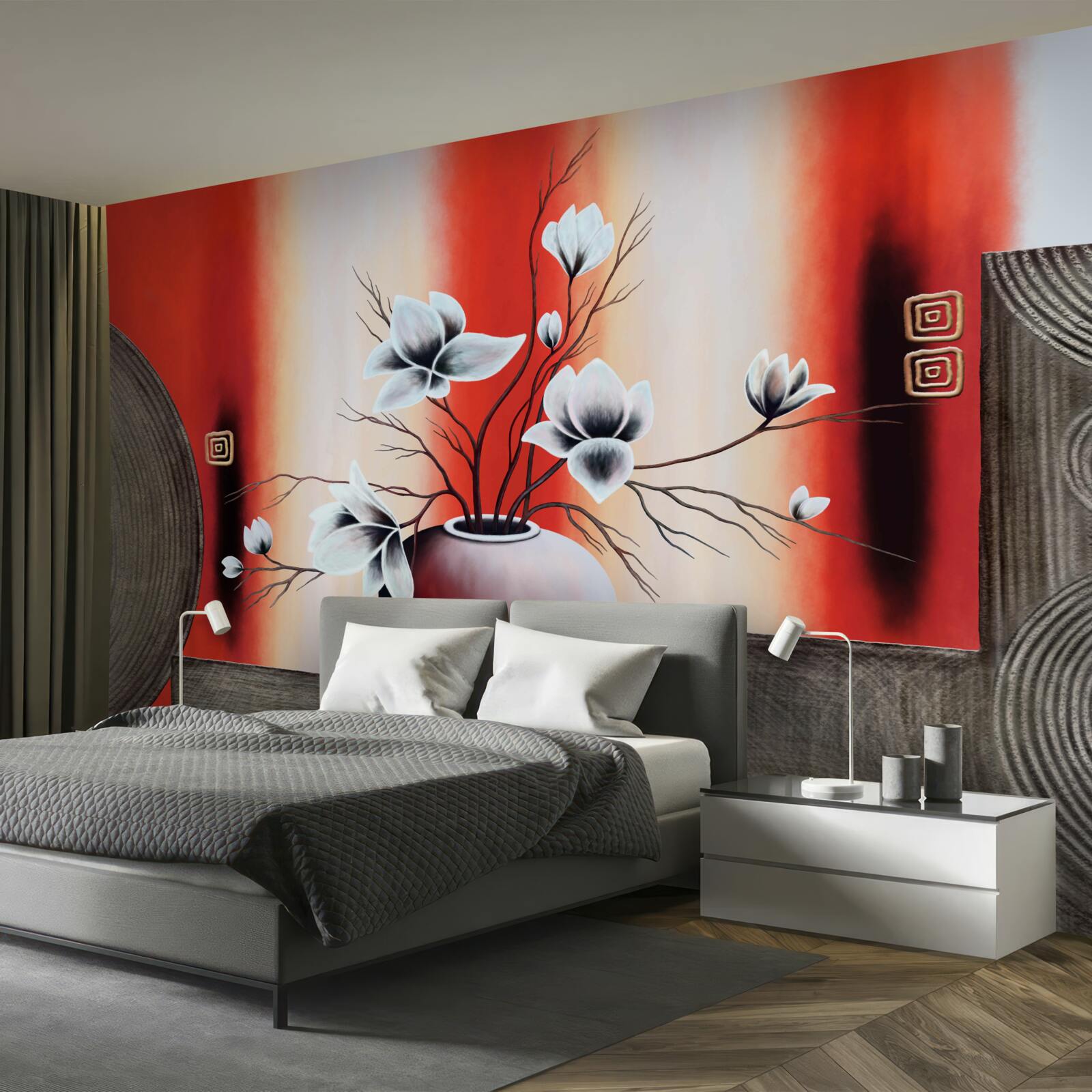 Фотошпалери червона ваза з ніжними білими квітами