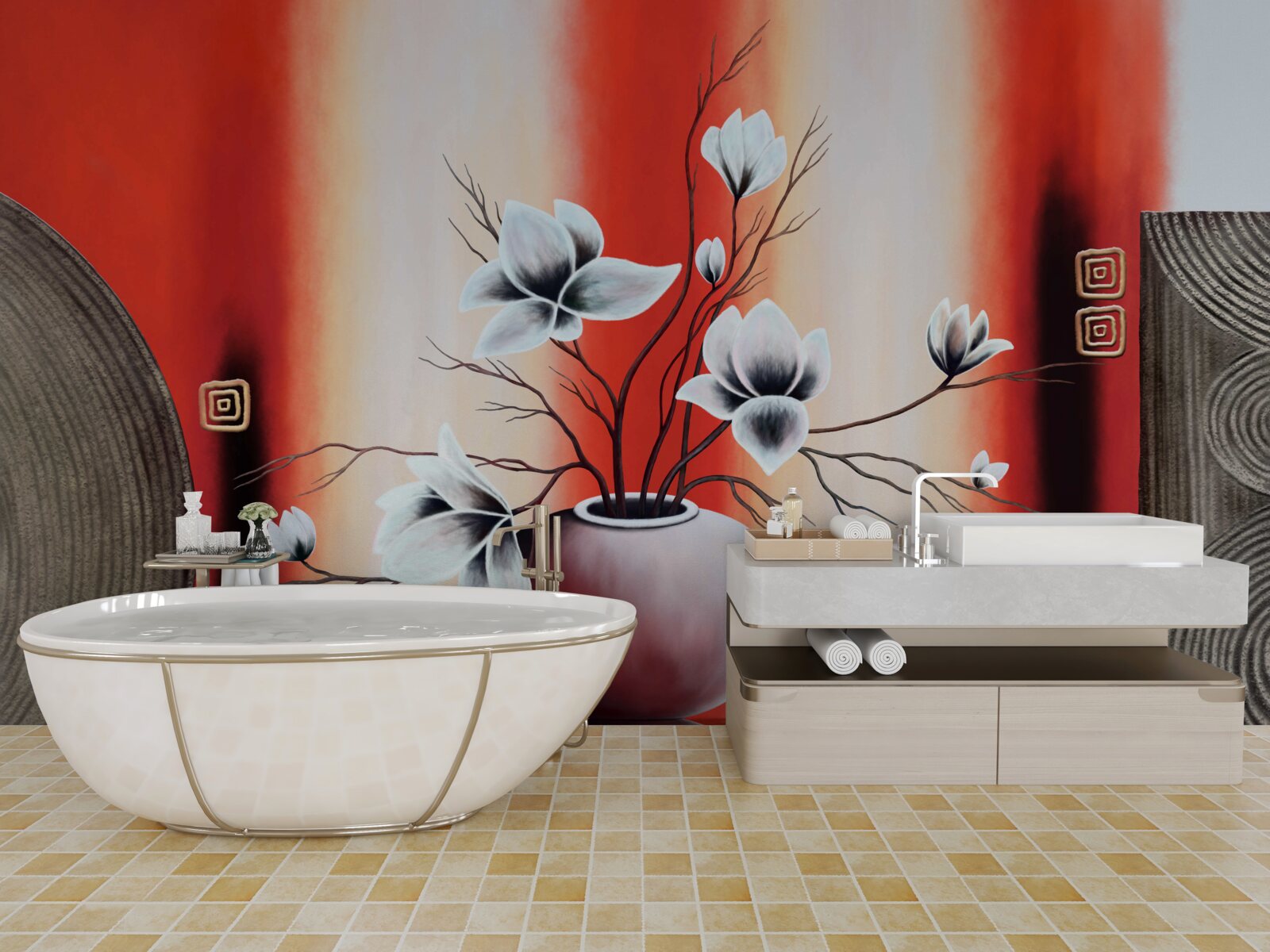 Фотошпалери червона ваза з ніжними білими квітами