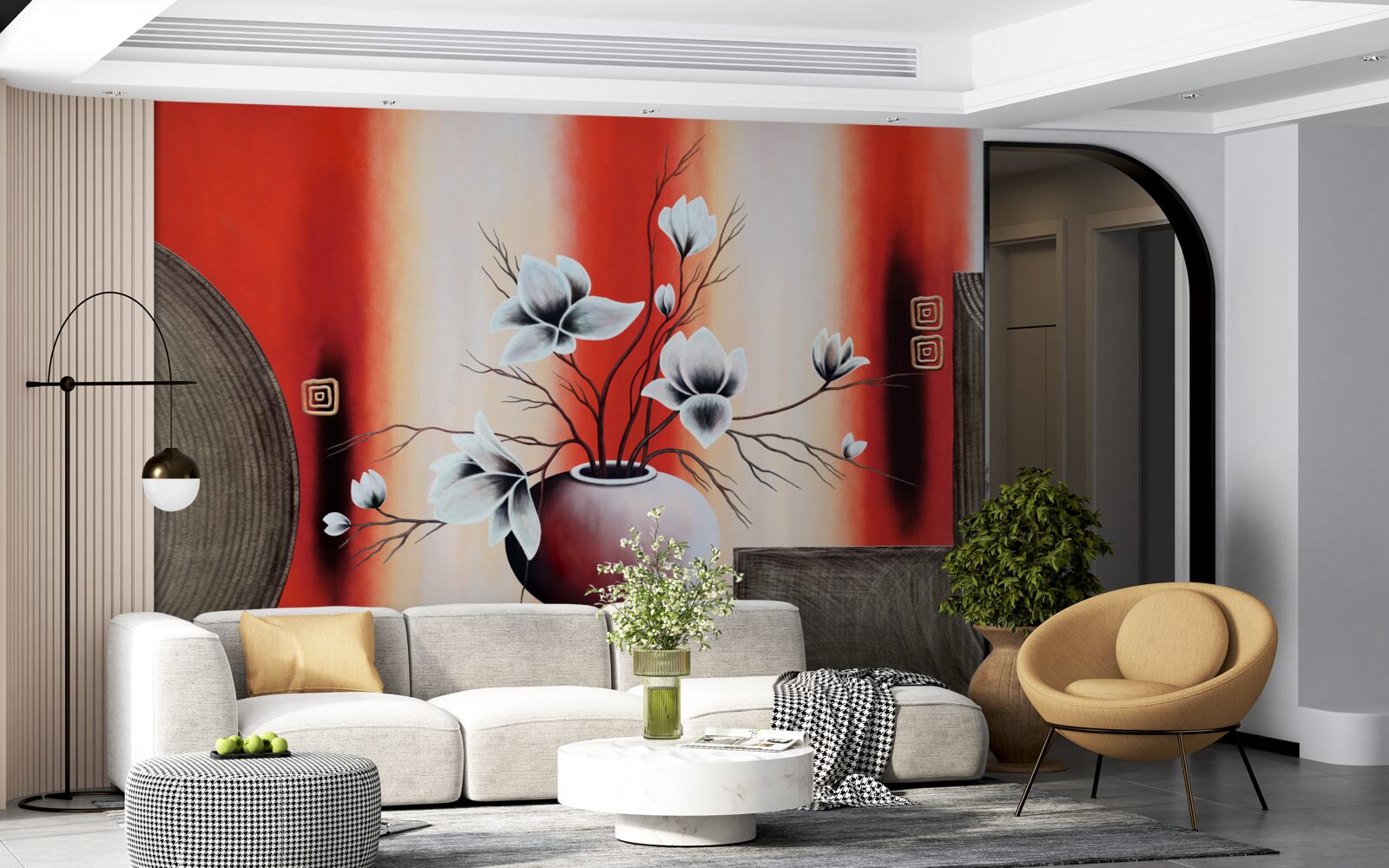 Фотошпалери червона ваза з ніжними білими квітами