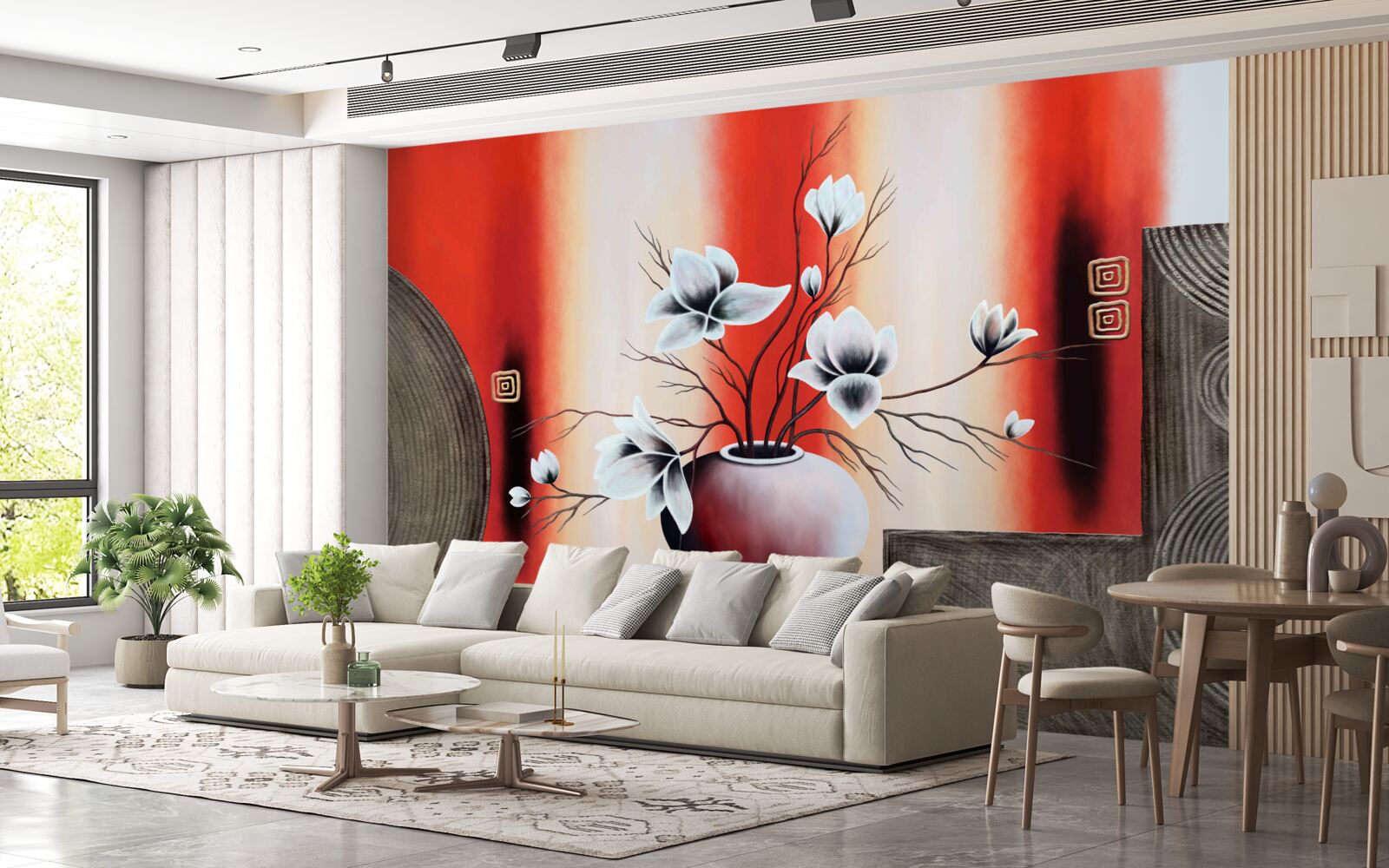 Фотошпалери червона ваза з ніжними білими квітами