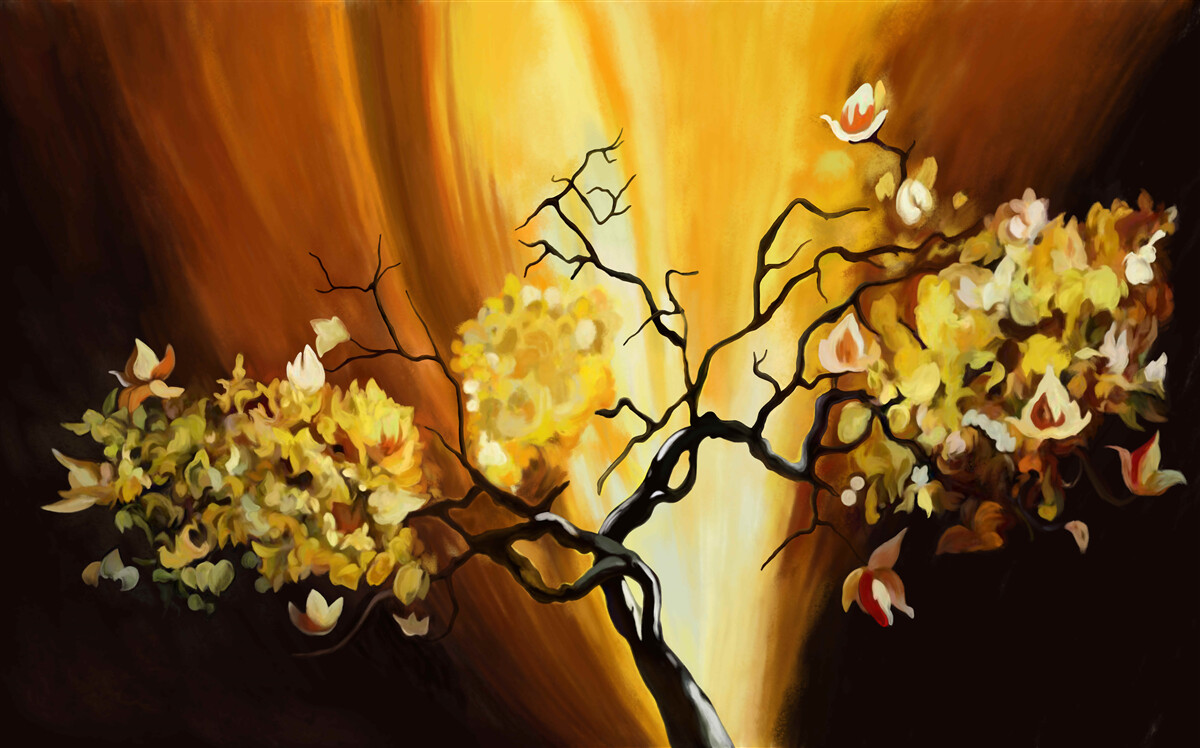 Фотошпалери квітуче дерево на краю заходу сонця