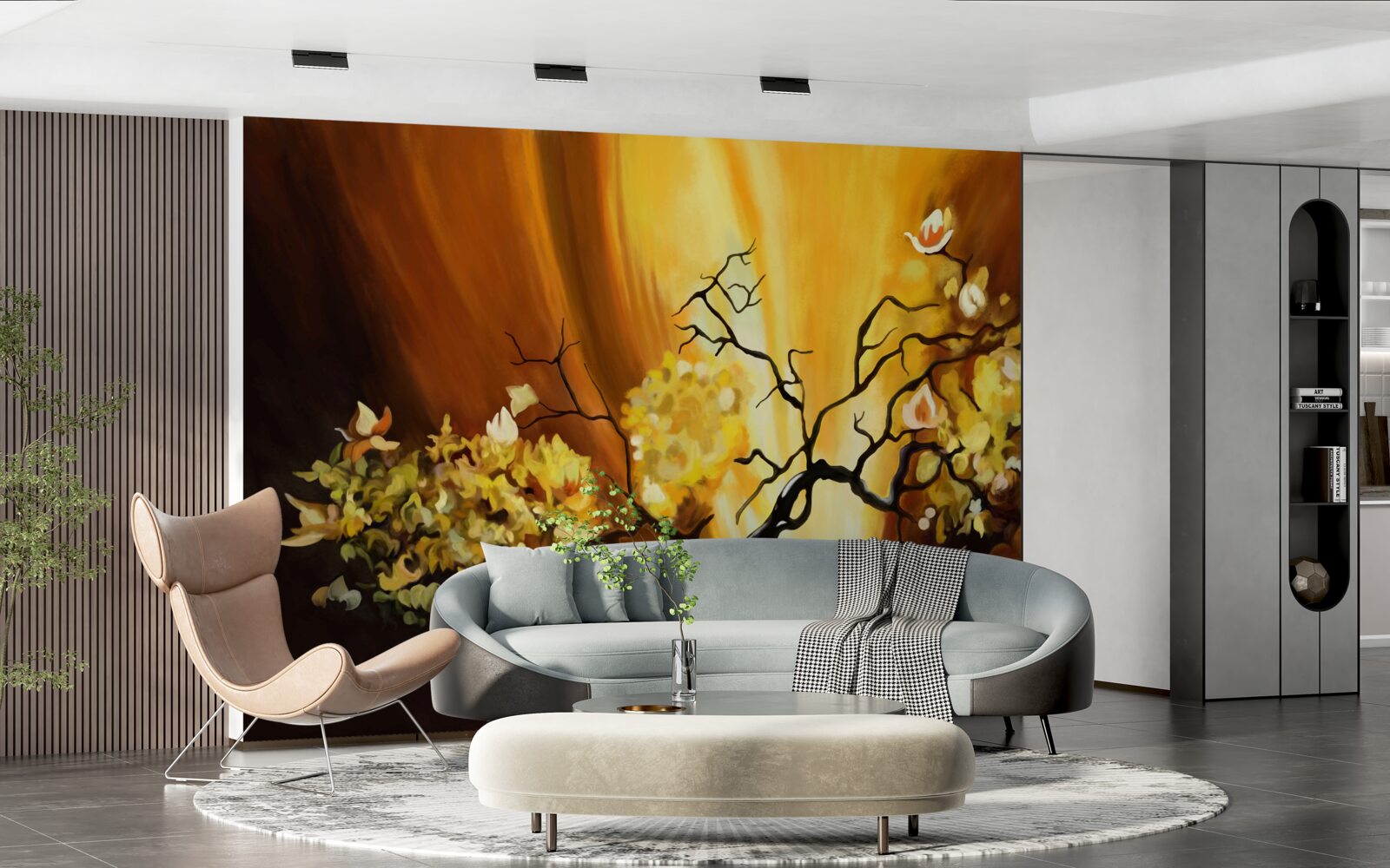 Фотошпалери квітуче дерево на краю заходу сонця