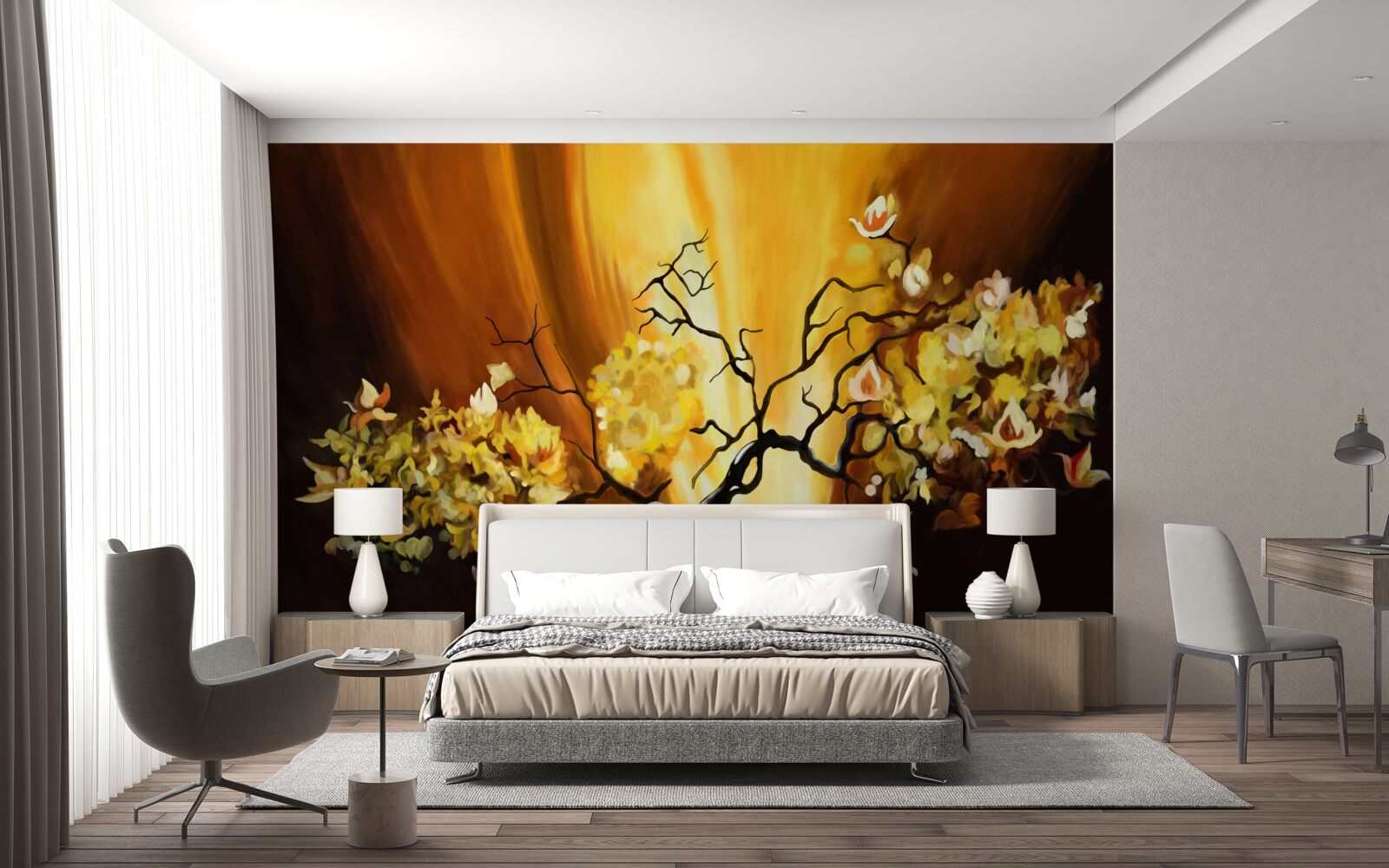 Фотошпалери квітуче дерево на краю заходу сонця