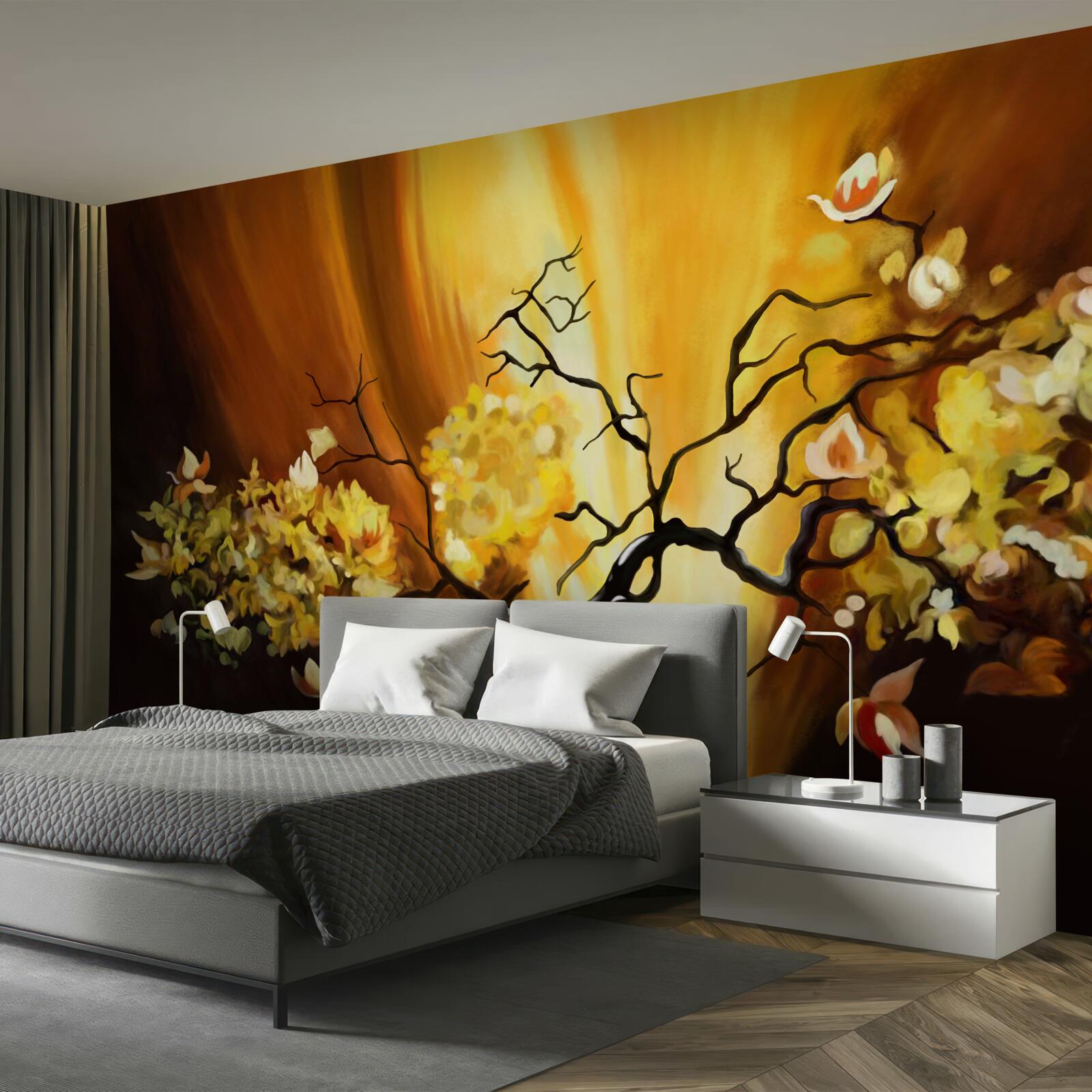 Фотошпалери квітуче дерево на краю заходу сонця