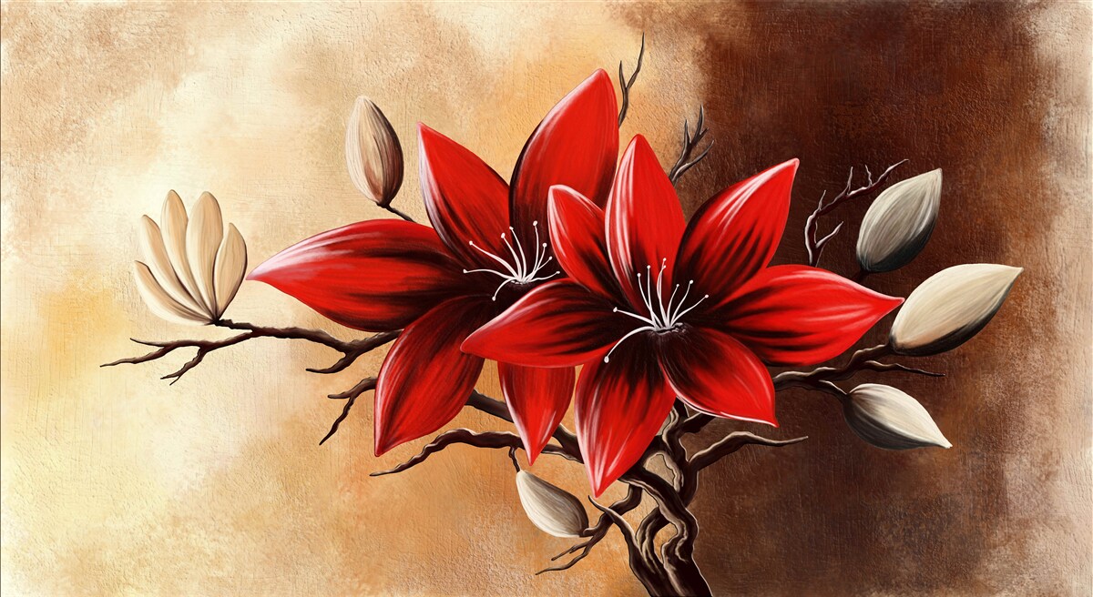 Фотошпалери червоні бутони на коричневому фоні