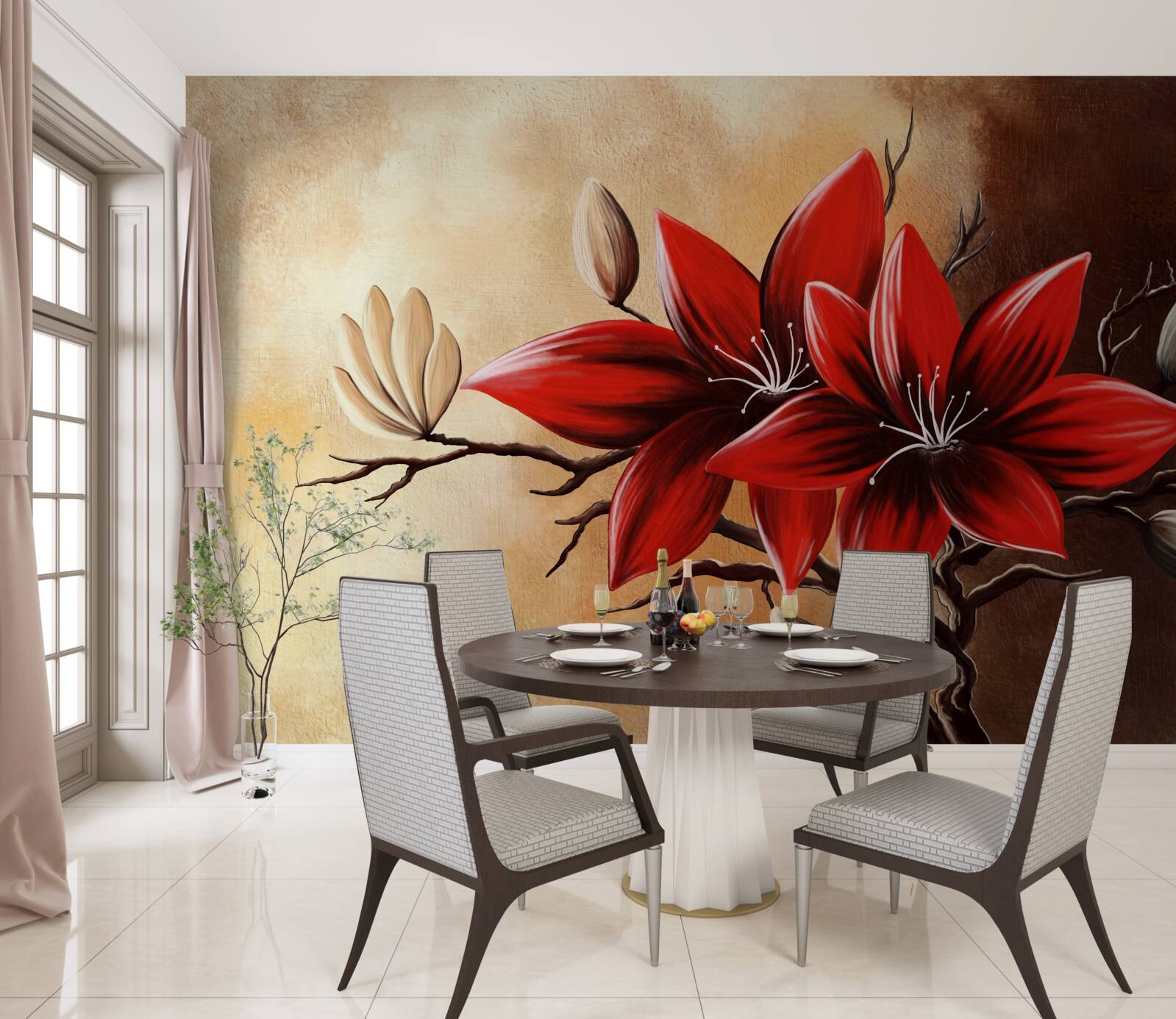 Фотошпалери червоні бутони на коричневому фоні