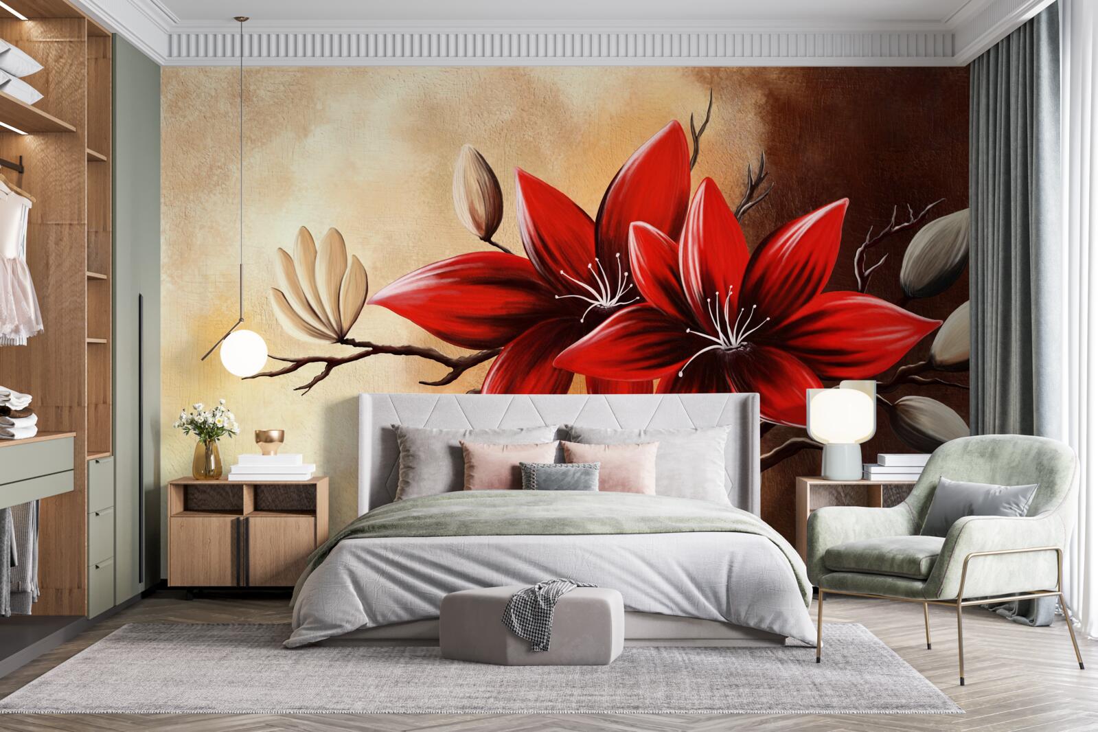 Фотошпалери червоні бутони на коричневому фоні