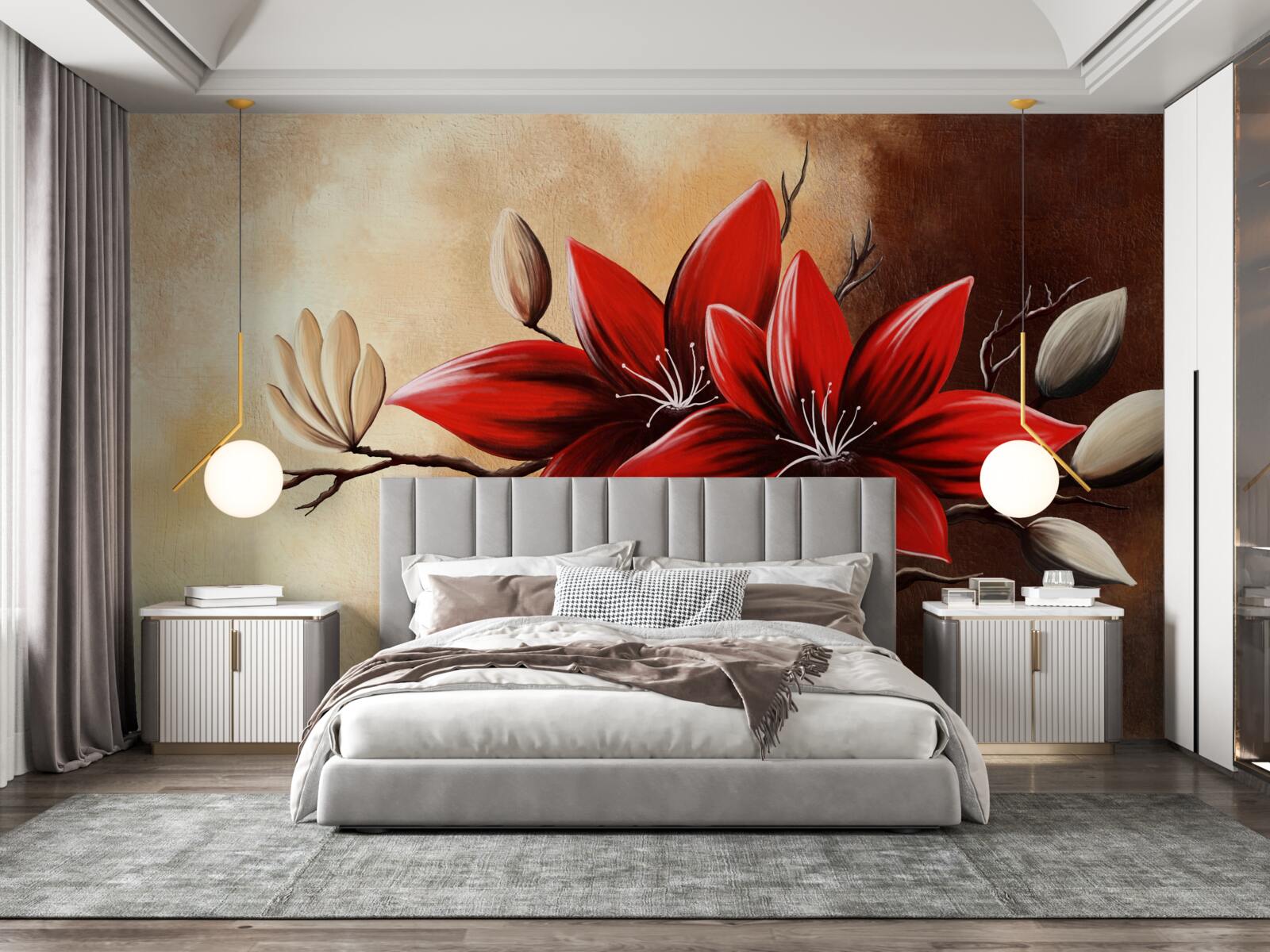 Фотошпалери червоні бутони на коричневому фоні