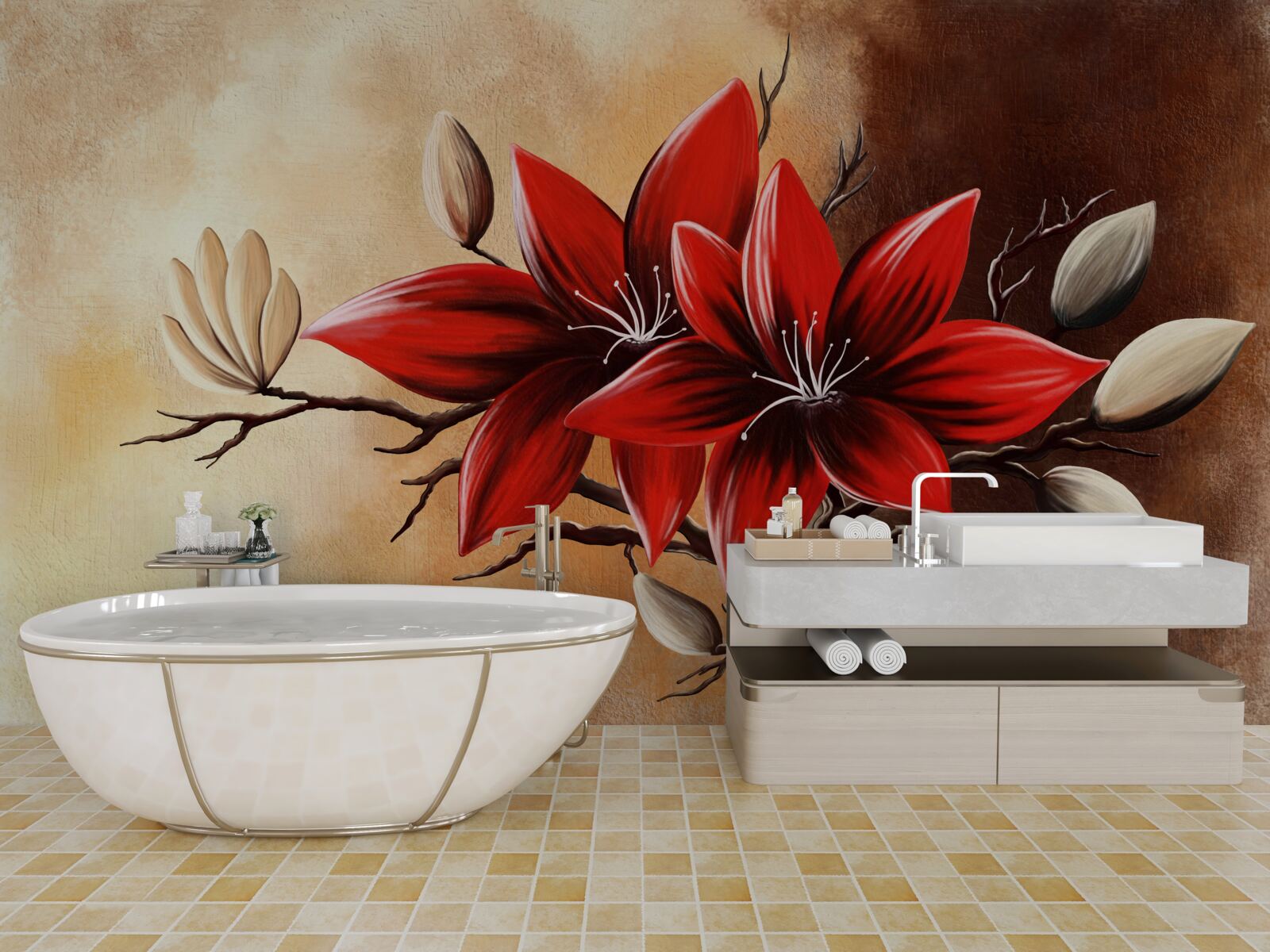 Фотошпалери червоні бутони на коричневому фоні