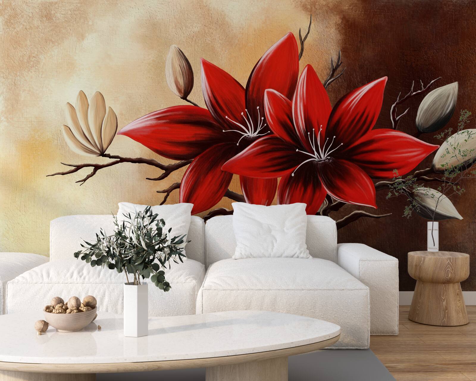 Фотошпалери червоні бутони на коричневому фоні