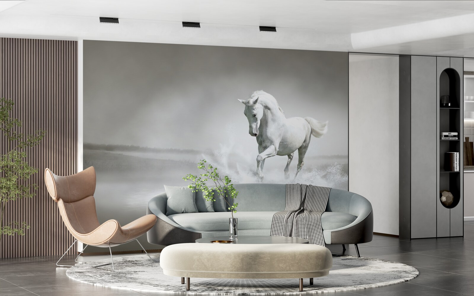 Фотошпалери гучне іржання білосніжного коня, що барабанить ногами по волозі