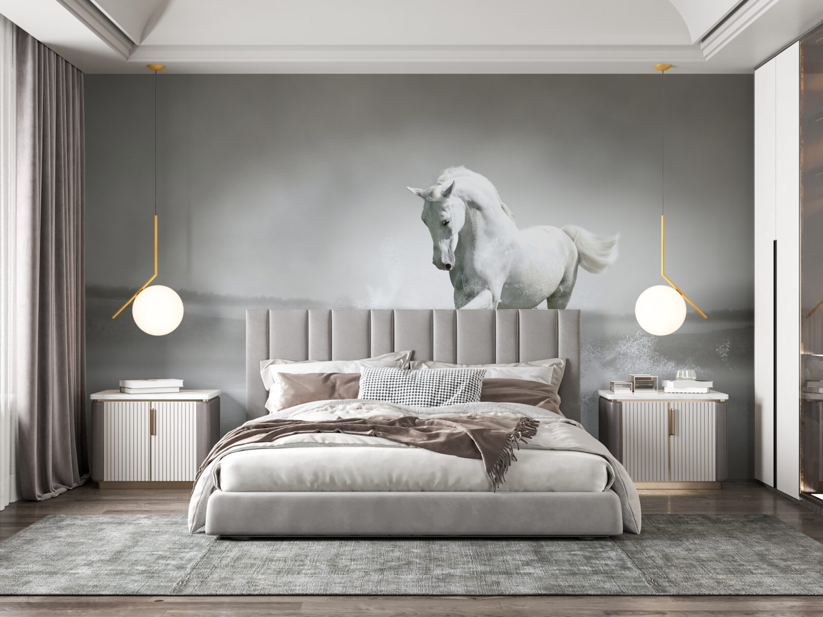 Фотошпалери гучне іржання білосніжного коня, що барабанить ногами по волозі