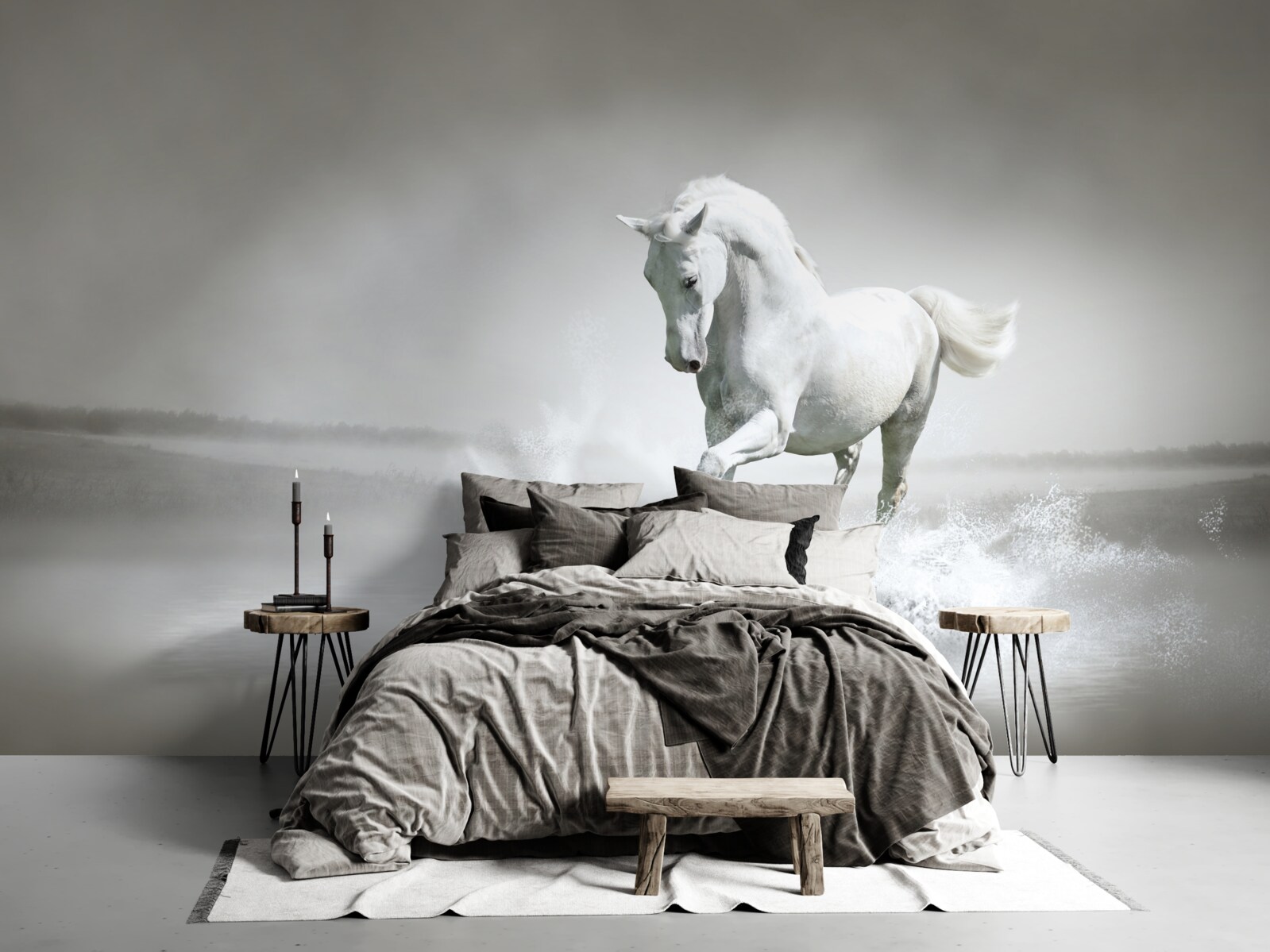 Фотошпалери гучне іржання білосніжного коня, що барабанить ногами по волозі