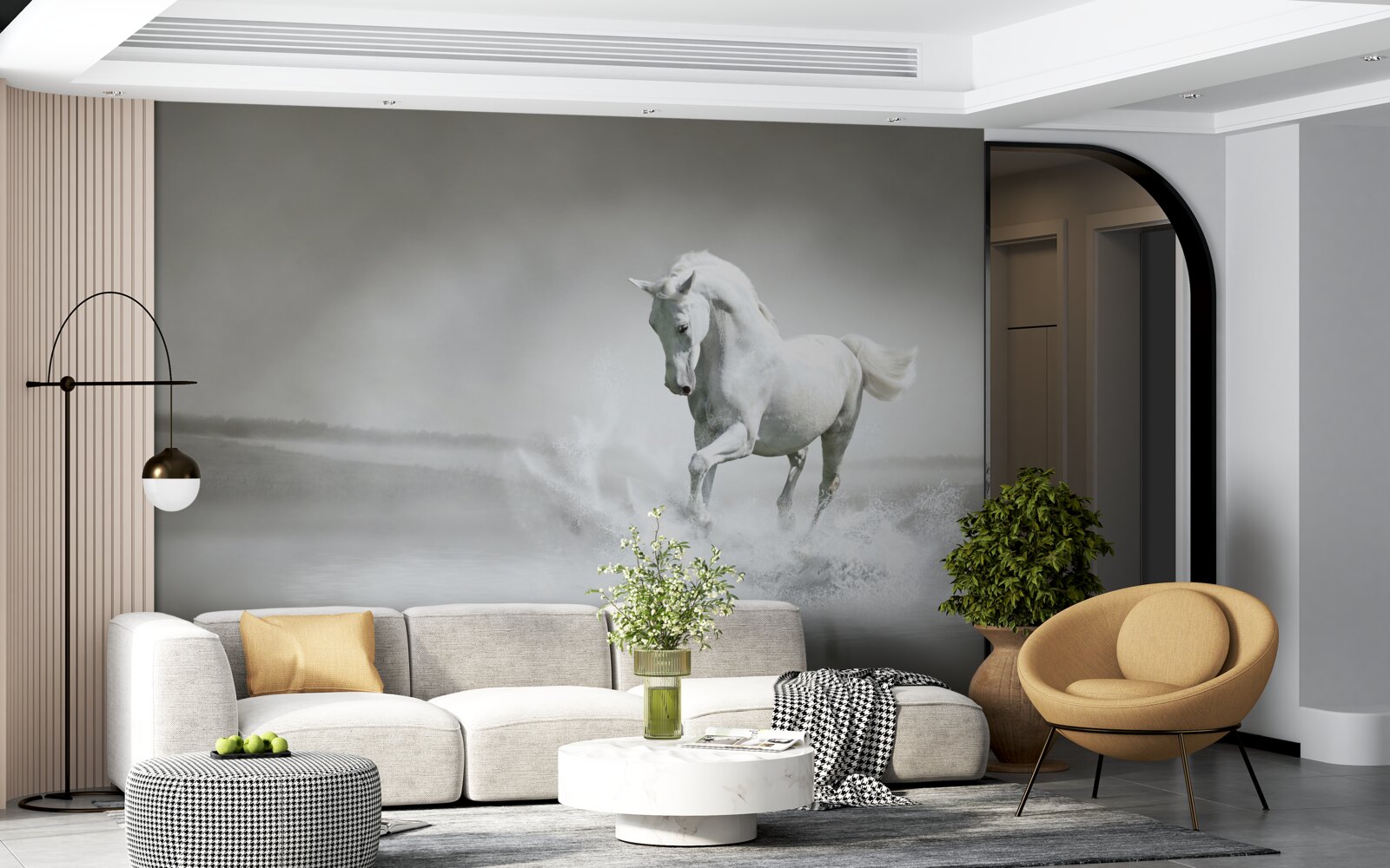 Фотошпалери гучне іржання білосніжного коня, що барабанить ногами по волозі