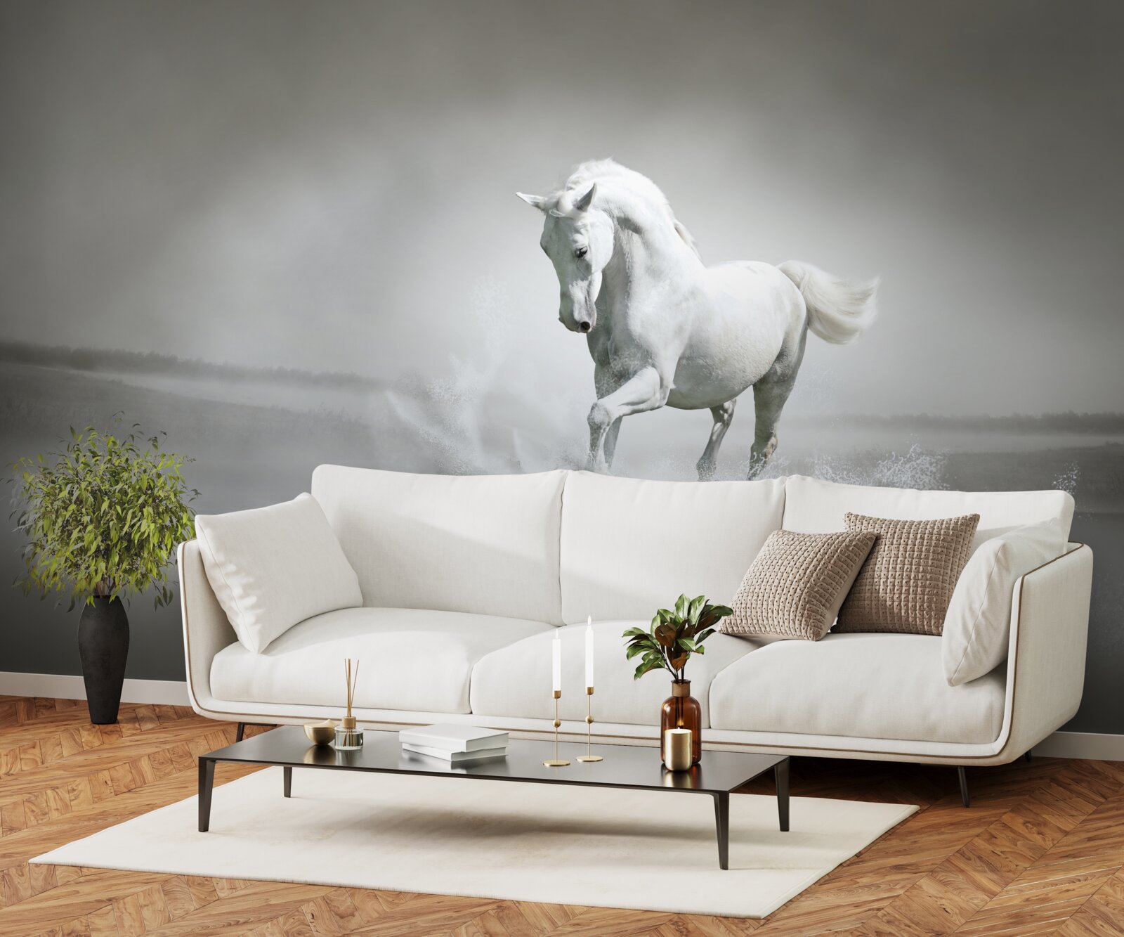 Фотошпалери гучне іржання білосніжного коня, що барабанить ногами по волозі