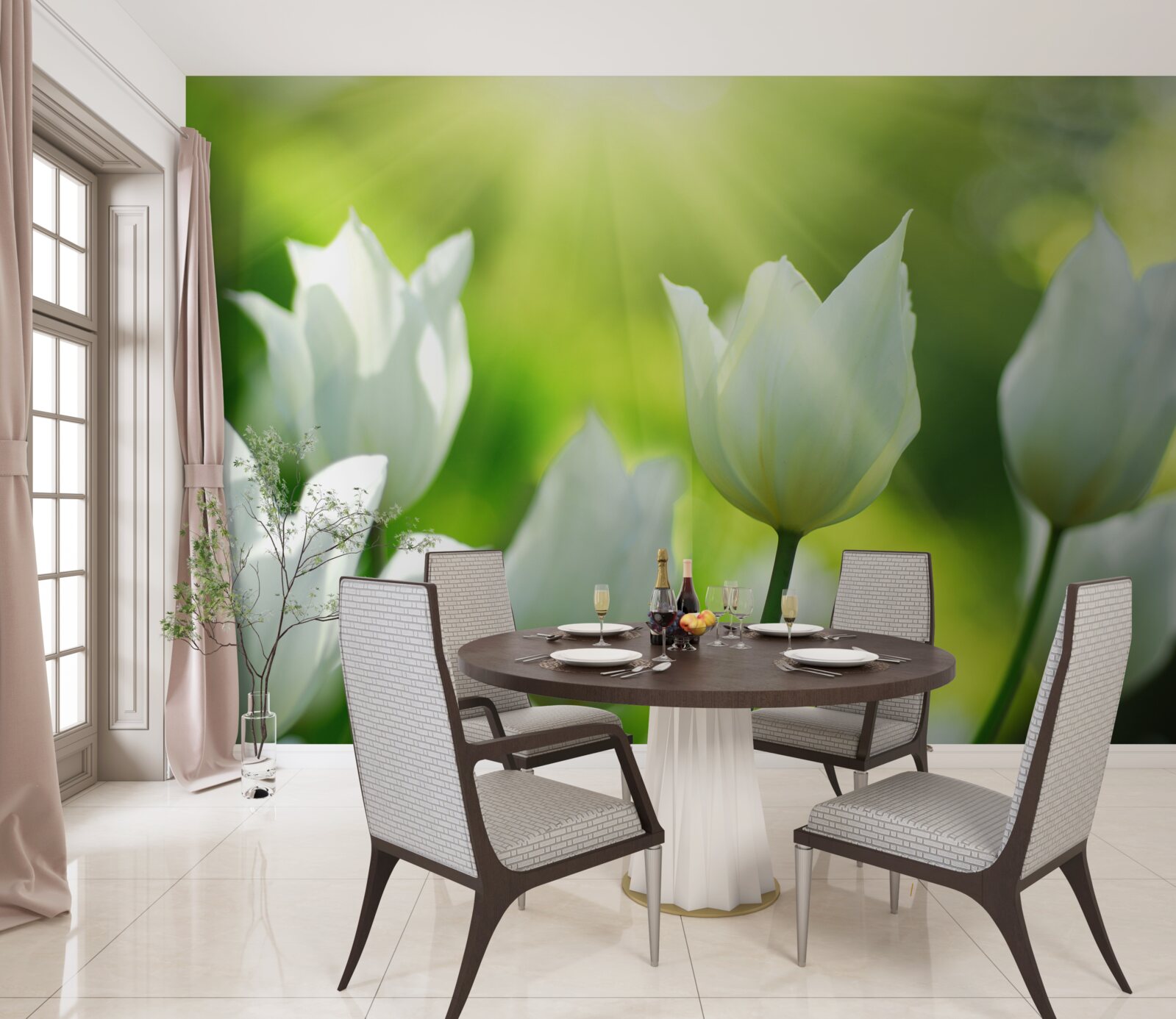 Фотошпалери Білосніжні тюльпани під променями сонця