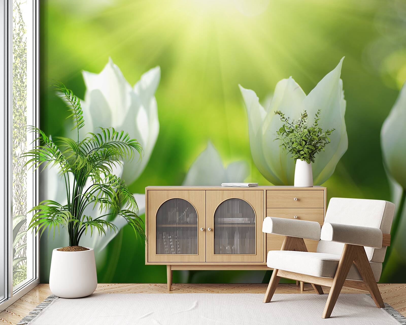 Фотошпалери Білосніжні тюльпани під променями сонця