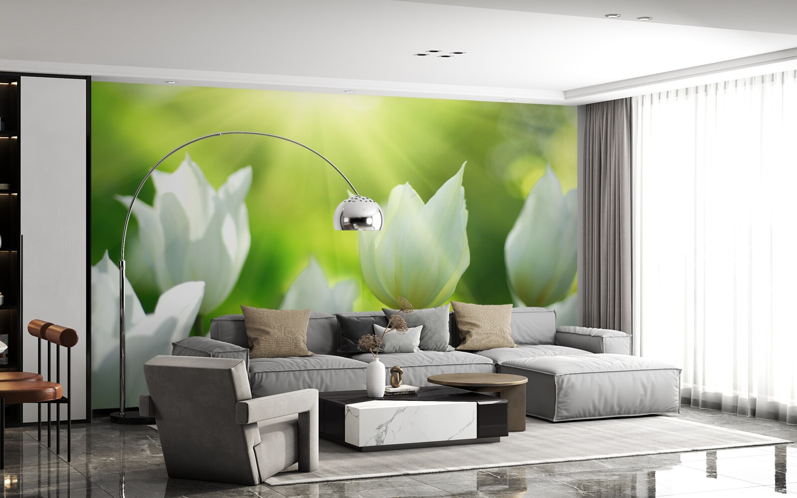 Фотошпалери Білосніжні тюльпани під променями сонця