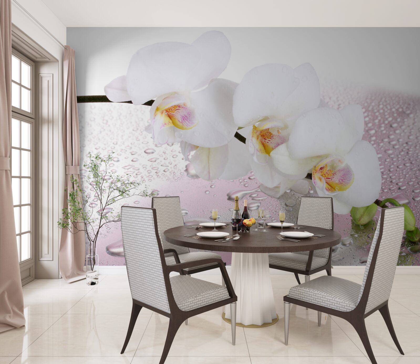 Фотошпалери мокра гілка білої орхідеї, прикрашена краплями води