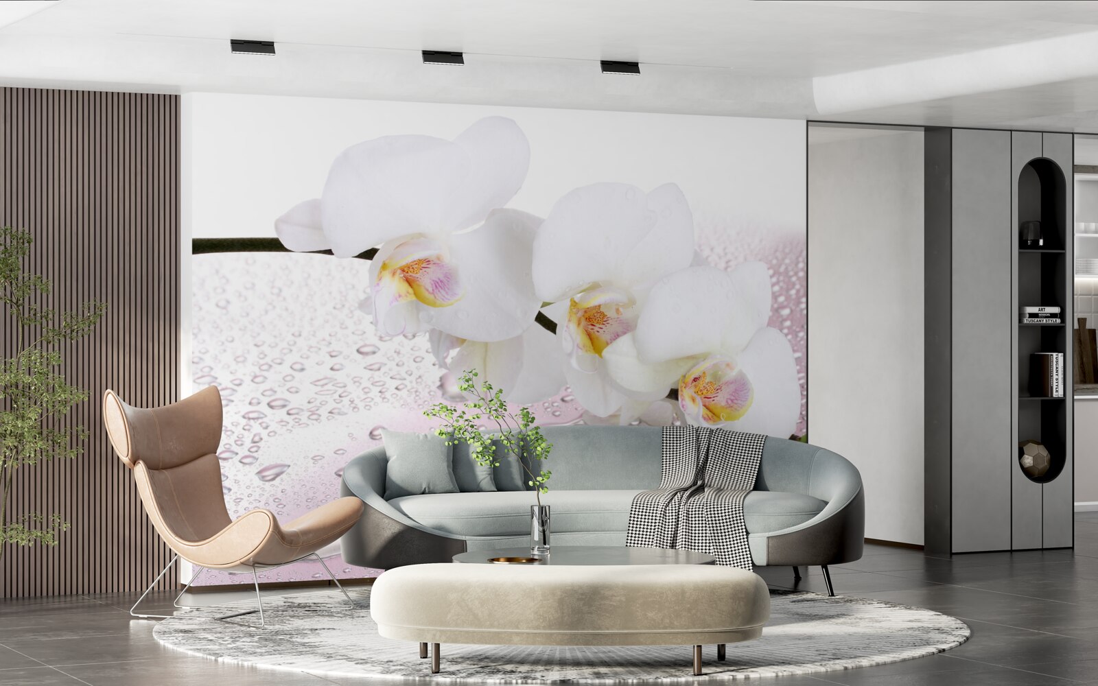 Фотошпалери мокра гілка білої орхідеї, прикрашена краплями води